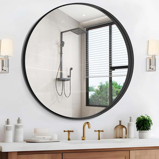Black Round Mirror 39 inch Deep Frame Circle Mirror,Metal Frame Round Bathroom Mirror, Circle Mirrors for Wall Entryway Washroom Bedroom Living Room Hallway