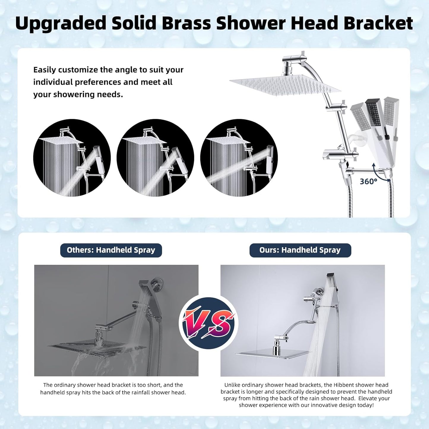 Hibbent All Metal 8'' Rainfall Shower Head, Square Shower Head Combo, High Pressure Handheld Shower Wand, 4 Sprays, 16'' Adjustable Arc-shaped Extension Arm, 71'' Hose, Showerhead Holder, Chrome