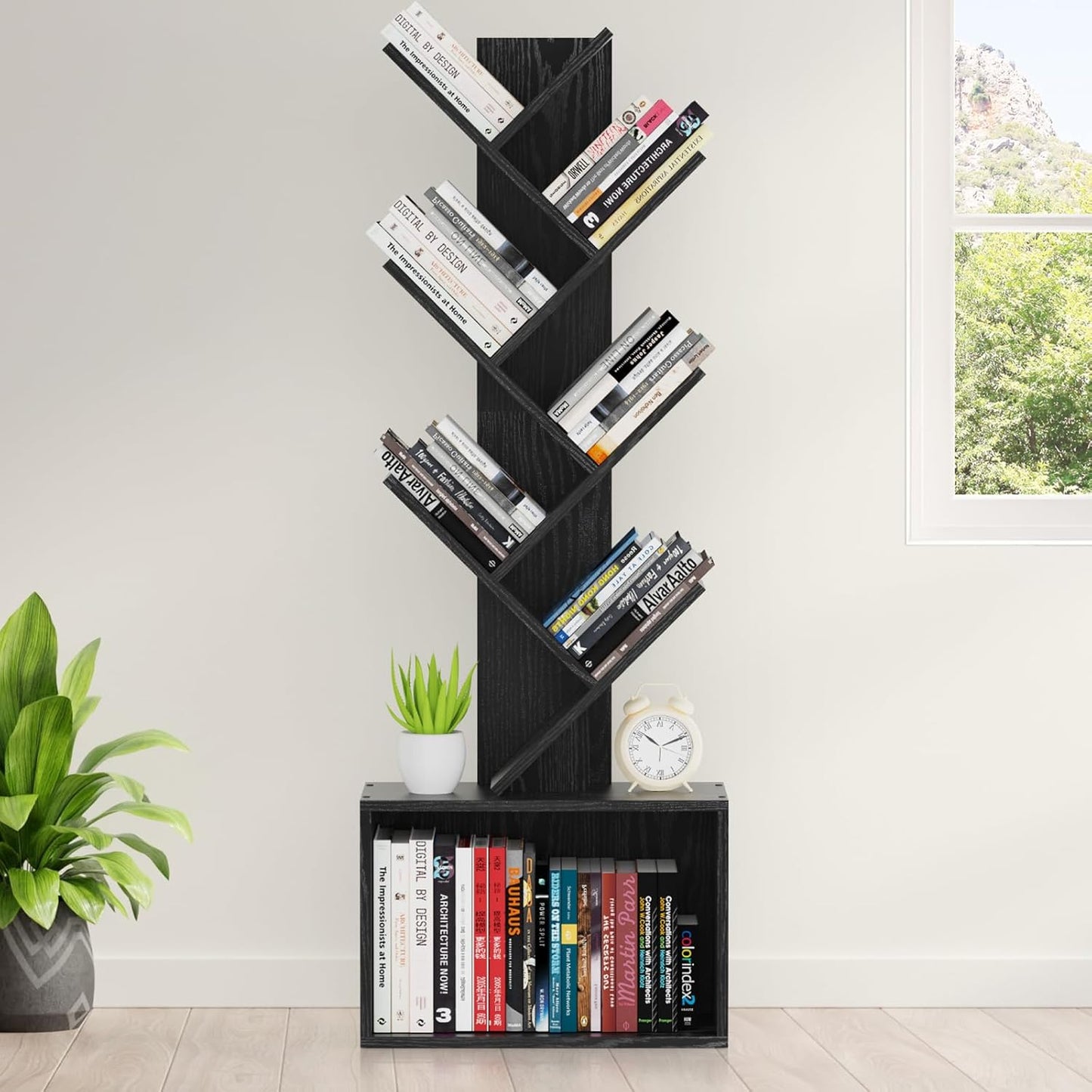 6 Tier Tree Bookshelf, Sturdy Retro Floor Standing Wood Bookcase, Storage Rack for Home Office, Living Room, Bedroom, Reading Spot, Heavy Book Organizer Shelves for CDs/DVDs/Movies, Black