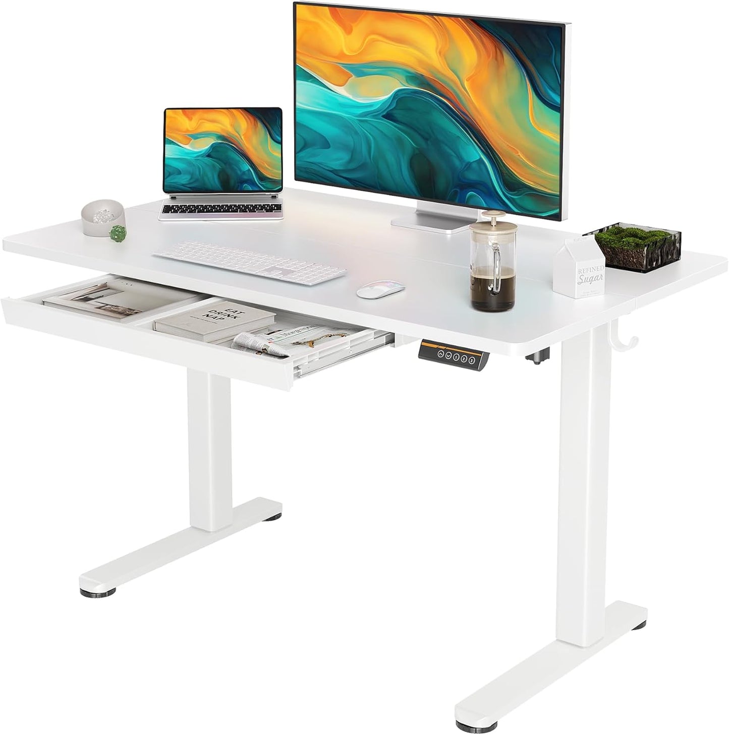 YDN Standing Desk with Drawers, 48 x 24 Inch Electric Adjustable Height Stand Up Desk, Sit Stand for Home Office, White