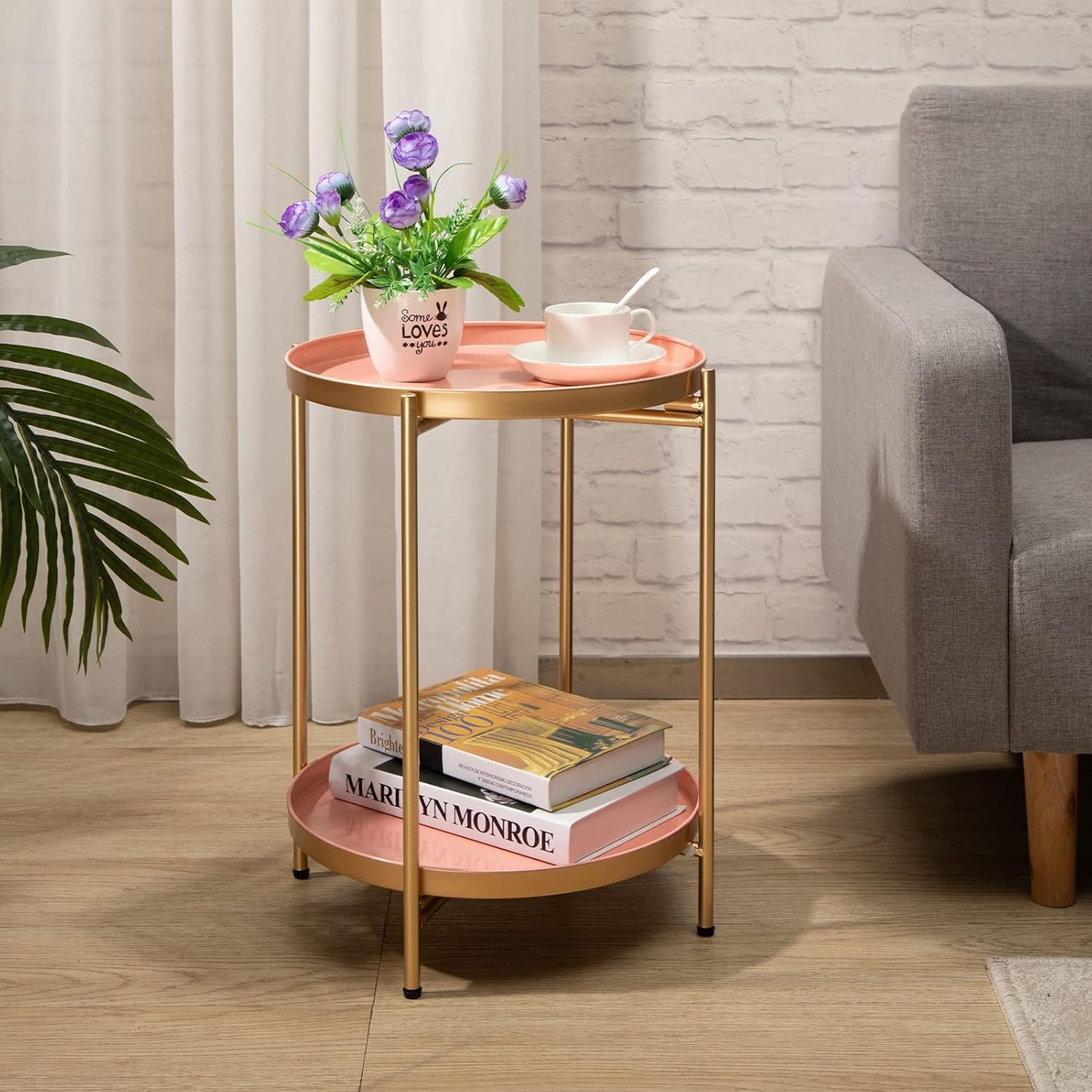 HollyHOME 2-Tier Round Gold Side Table, Outdoor Small Folding Accent Stand with Removable Tray, Anti-Rust Metal Asional Table for Balcony Patio Living Room, Nightstand for Bedroom(Gold&Pink)