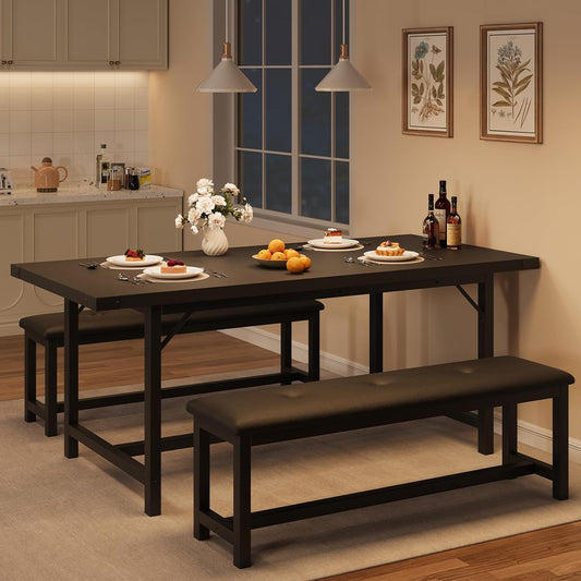 GarveeHome Dining Table Set for 4-6, 63" Extendable Wood Dining Room Table with Corner Protector & 2 Upholstered Benches, Kitchen Table Set for Apartment, Small Space, Easy Assembly, Retro Black