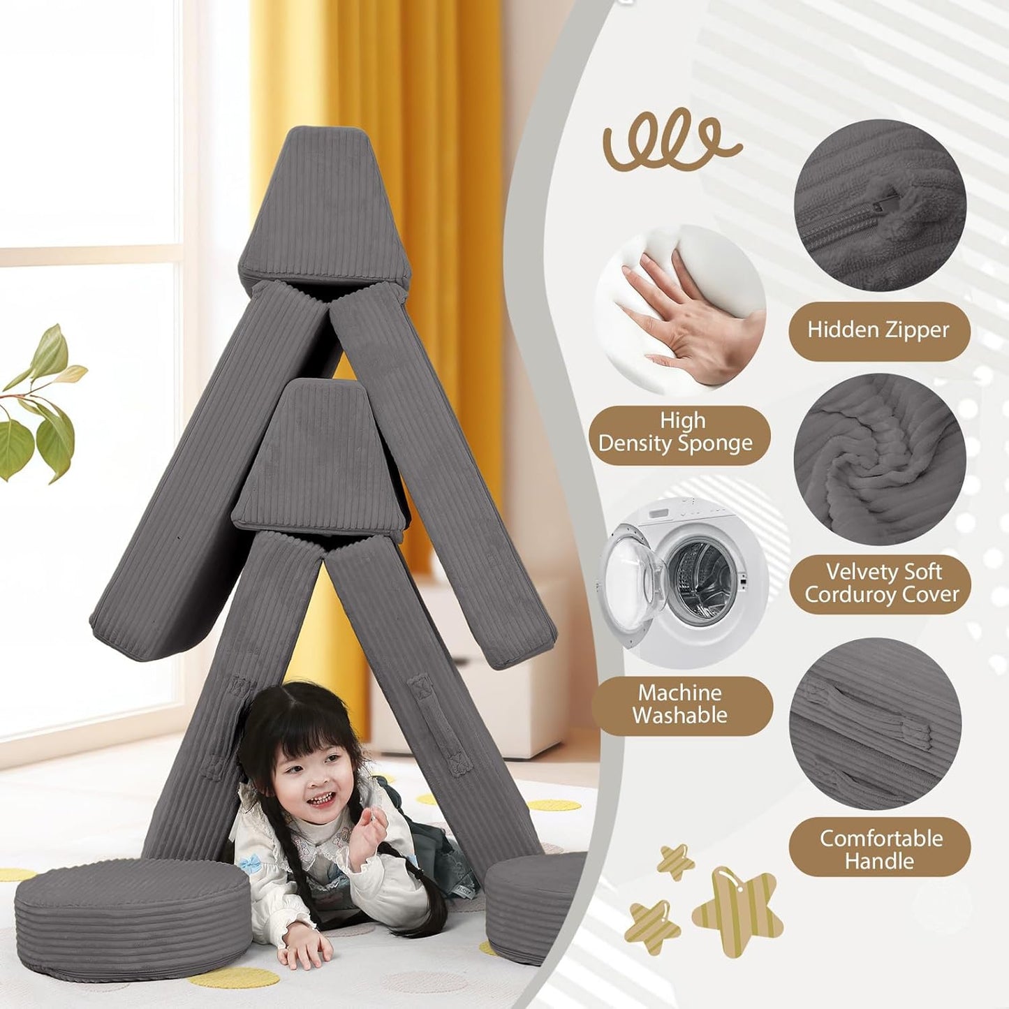 MeMoreCool Kids Couch for Playroom, Corduroy Convertible Toddler Couch, 8 Piece Modular Play Sofa, Foam Fort Building Set for Child Room Furniture, Dark Grey