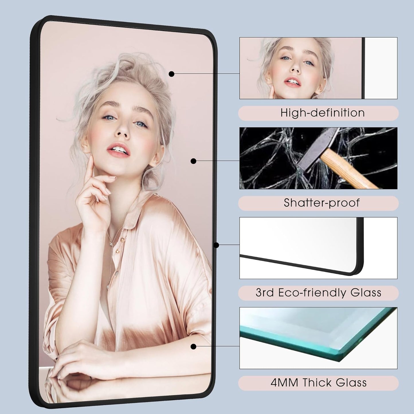 20x40 Inch Rectangle Bathroom Mirror with Black Metal Frame, Rounded Corner Rectangular Vanity Mirror for Wall, Modern Large for Bedroom, Living Room, Horizontal or Vertical