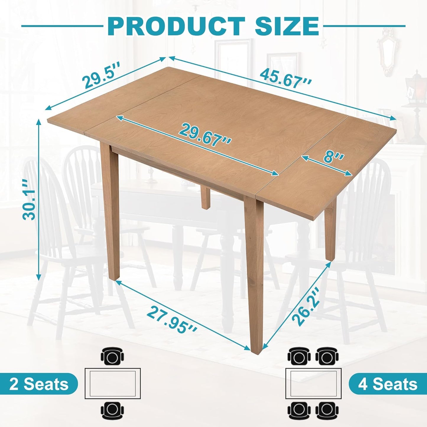 29"- 45" Extendable Dining Table for 2-4, Folding Square Dinner Table Small Kitchen Dining Room Tables with Wood Legs for Small Space, Kitchen, Living Room, Natural