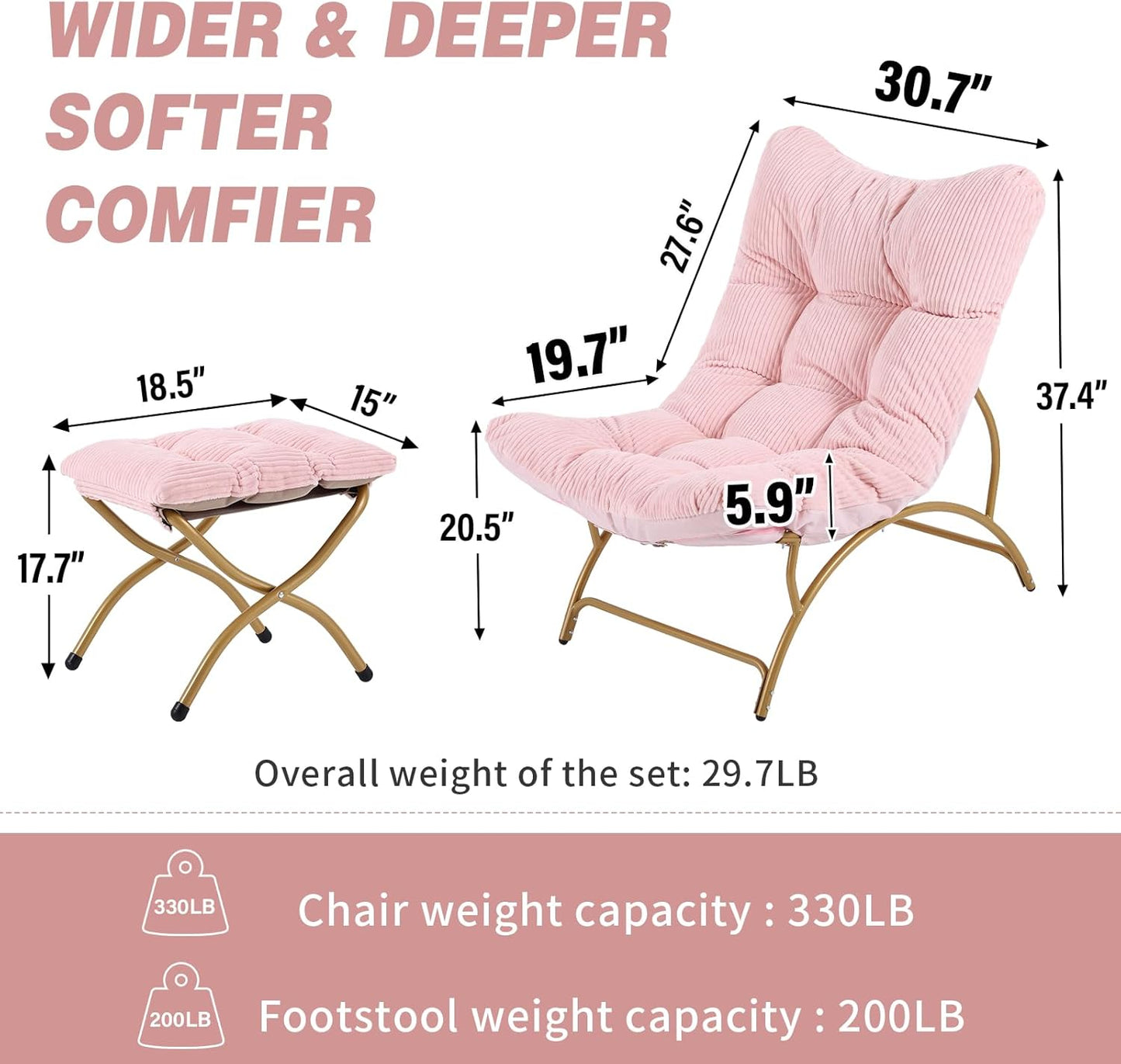 Welnow Accent Chair with Ottoman, Lounge Comfy Soft Leisure Metal Frame Reading Chair with Footrest, Upholstered Thick Cushion Seated Recliner Sofa for Living Room, Bedroom, Dorm, Pink
