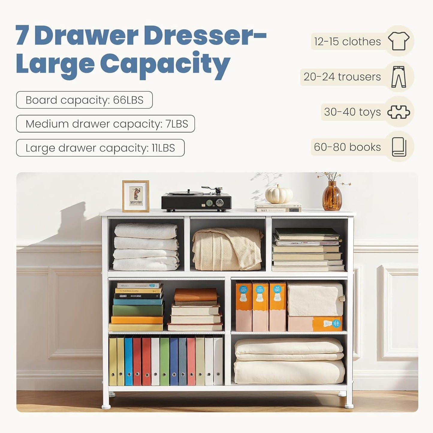 DUMOS TV Stand Dresser for Living Room Bedroom with 7 Fabric Drawer, Entertainment Center Chest Storage Organizer Units for Clothing, Closet, Cabinet, Living Room Furniture, White