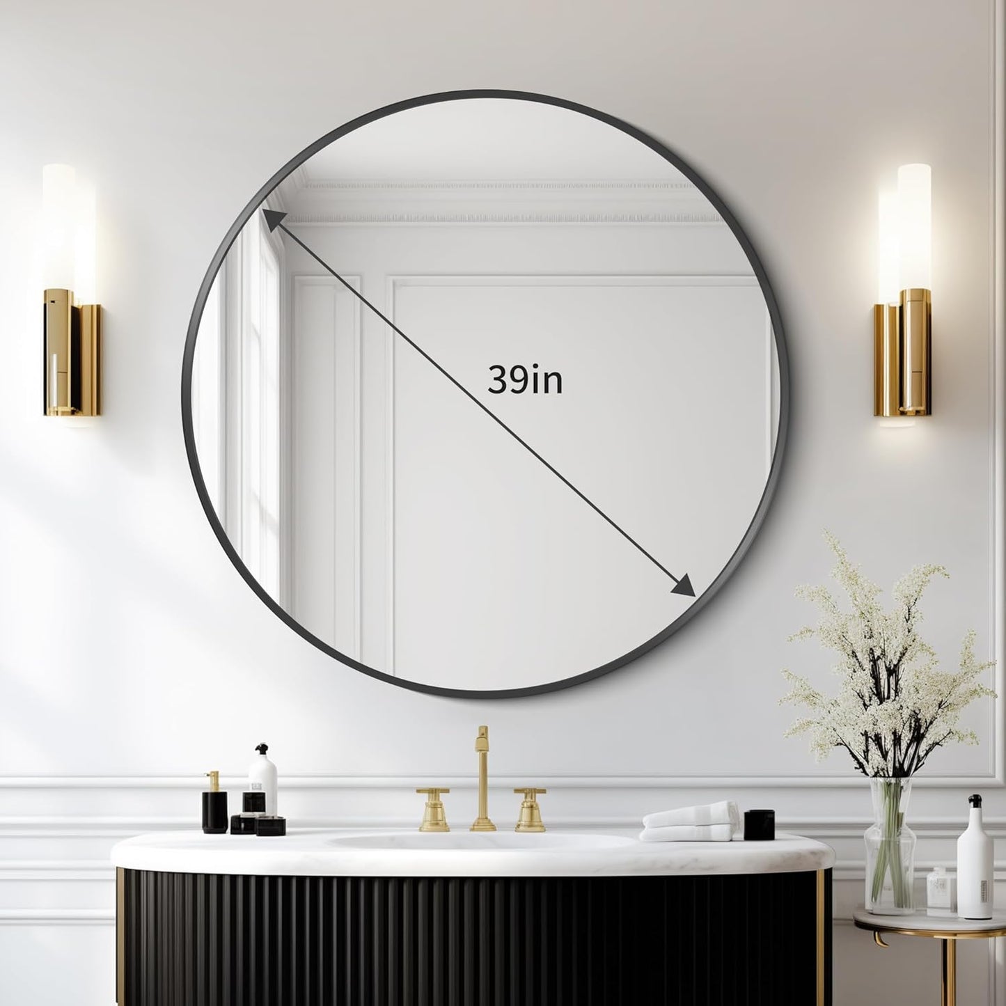 Black 39-Inch Round Mirror - Wall Mounted Aluminum Alloy Metal Frame for Bathroom, Entryway, Living Room, Large Over Sink
