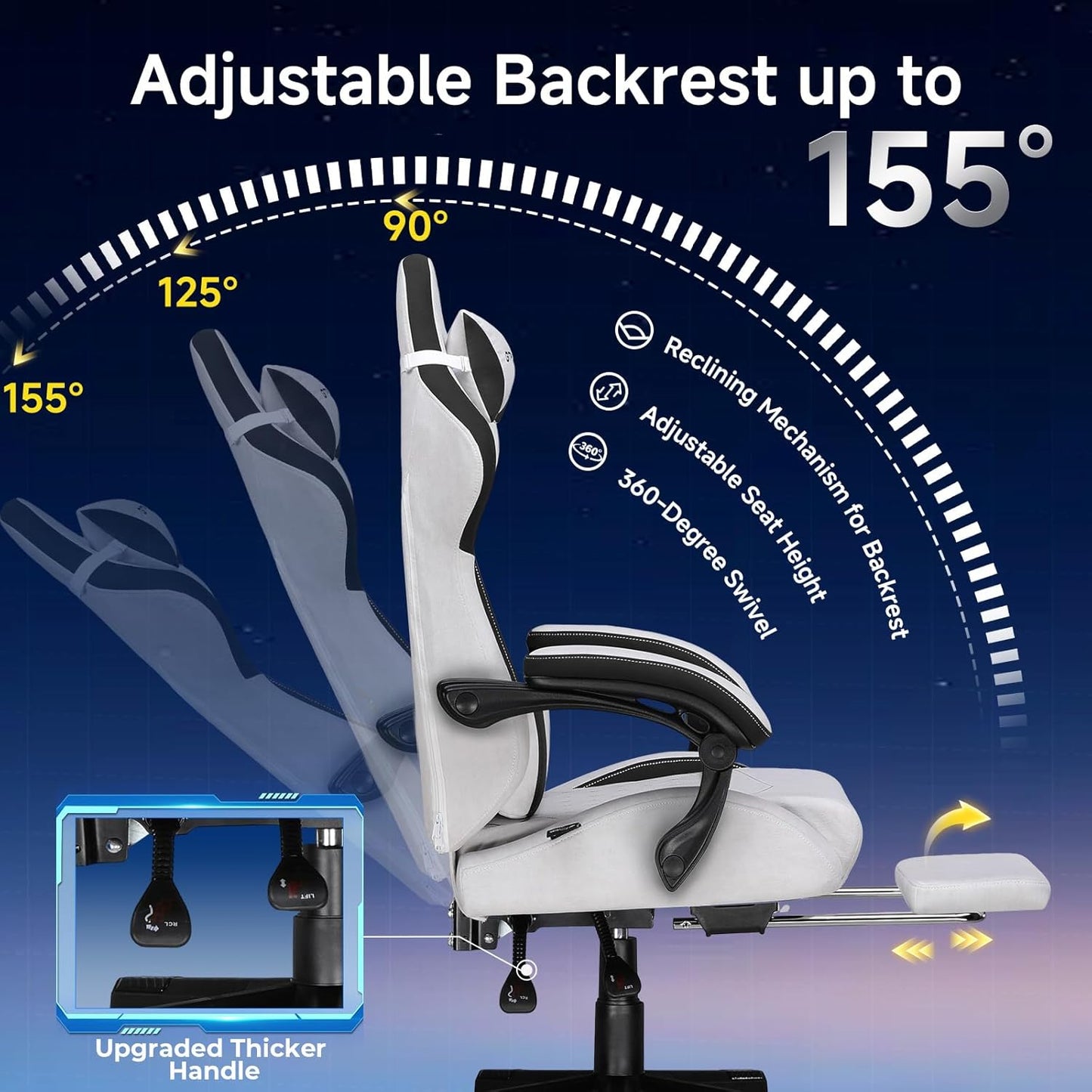 GTPLAYER Gaming Chair, Video Game Chairs with Footrest and Lumbar Support, Computer Chair for Adults with Extended Backrest, Ergonomic Reclining Silla Gamer, Fabric, Grey