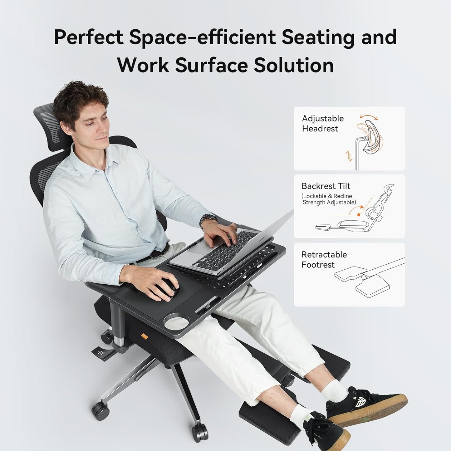 Newtral Office Chair Ergonomic - Home Office Desk Chair, Auto-Following Lumbar Support, 4D Armrest, Seat Depth and Height Adjustable for Long Time Sitting (with Footrest + Laptop Tray, Black)