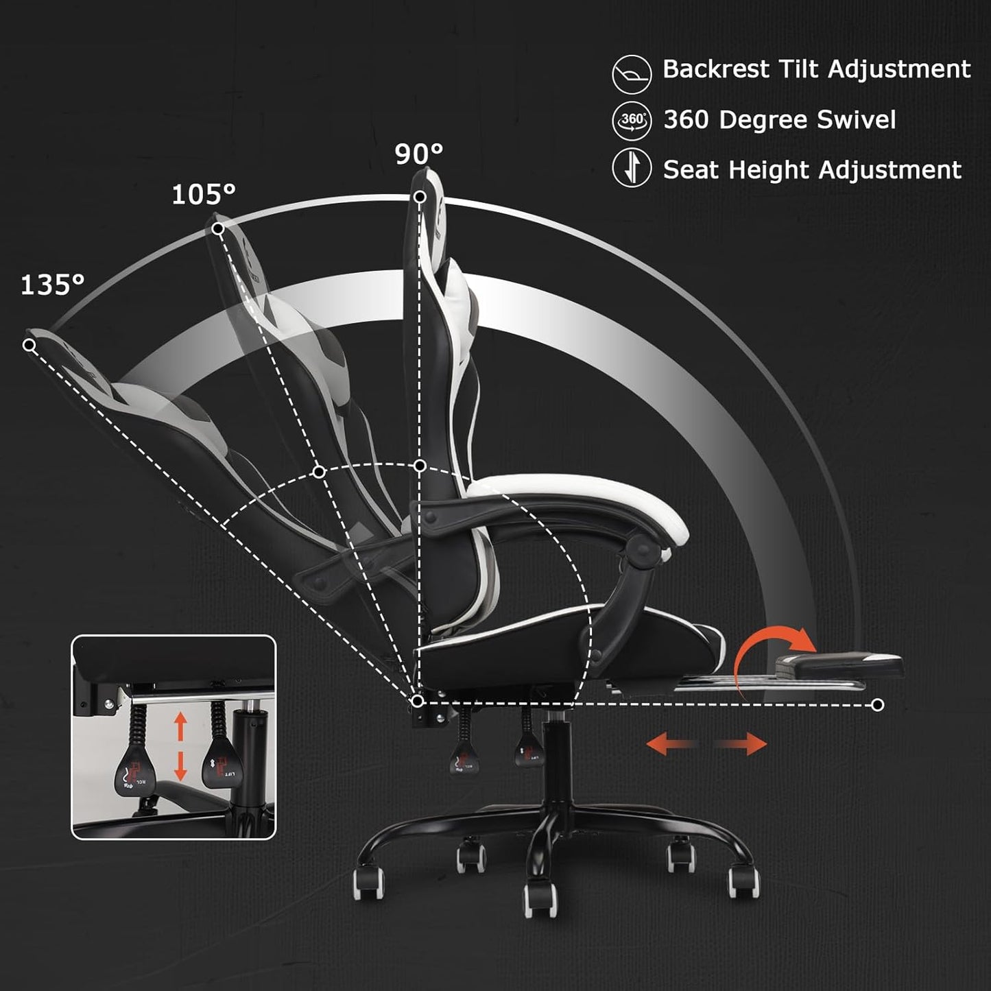 Gaming Chair with Linkage Armrest & Footrest, High Back Video Gaming Chair, Black/White