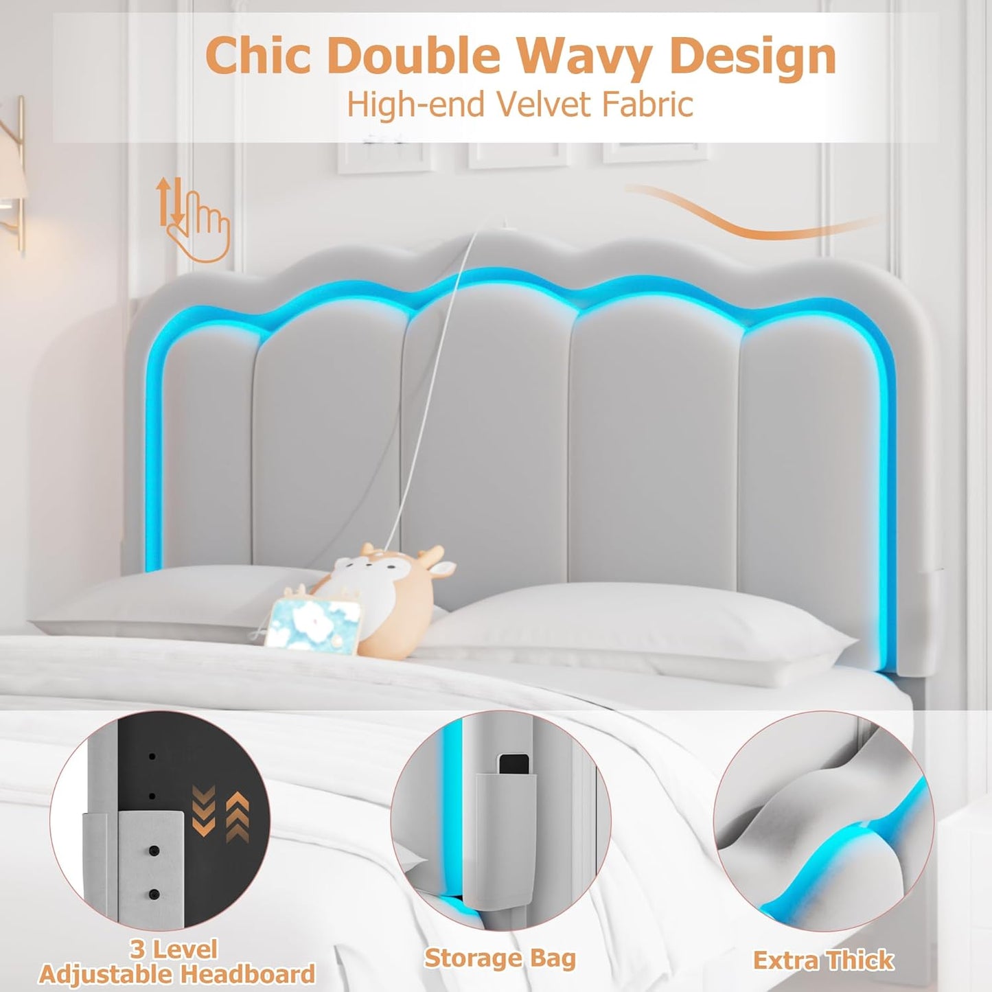 Full Upholstered LED Bed Frame with 2 Storage Drawers and Adjustable Chic Double Wavy Headboard, Velvet Prince Platform Bed with Charing Station, Solid Wood Slats Support,No Box Spring Needed,Grey