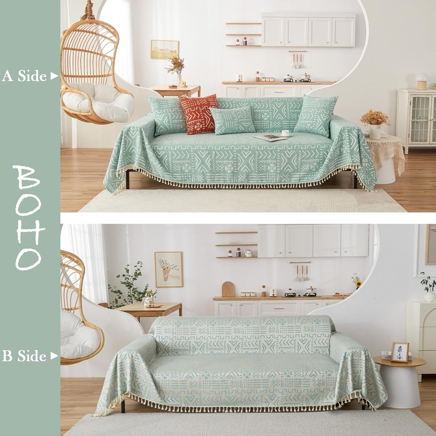 HANDONTIME Farmhouse Sofa Covers - Light Green Aztec Couch Covers for 3 Cushion Sectional Couch, 71" X 118