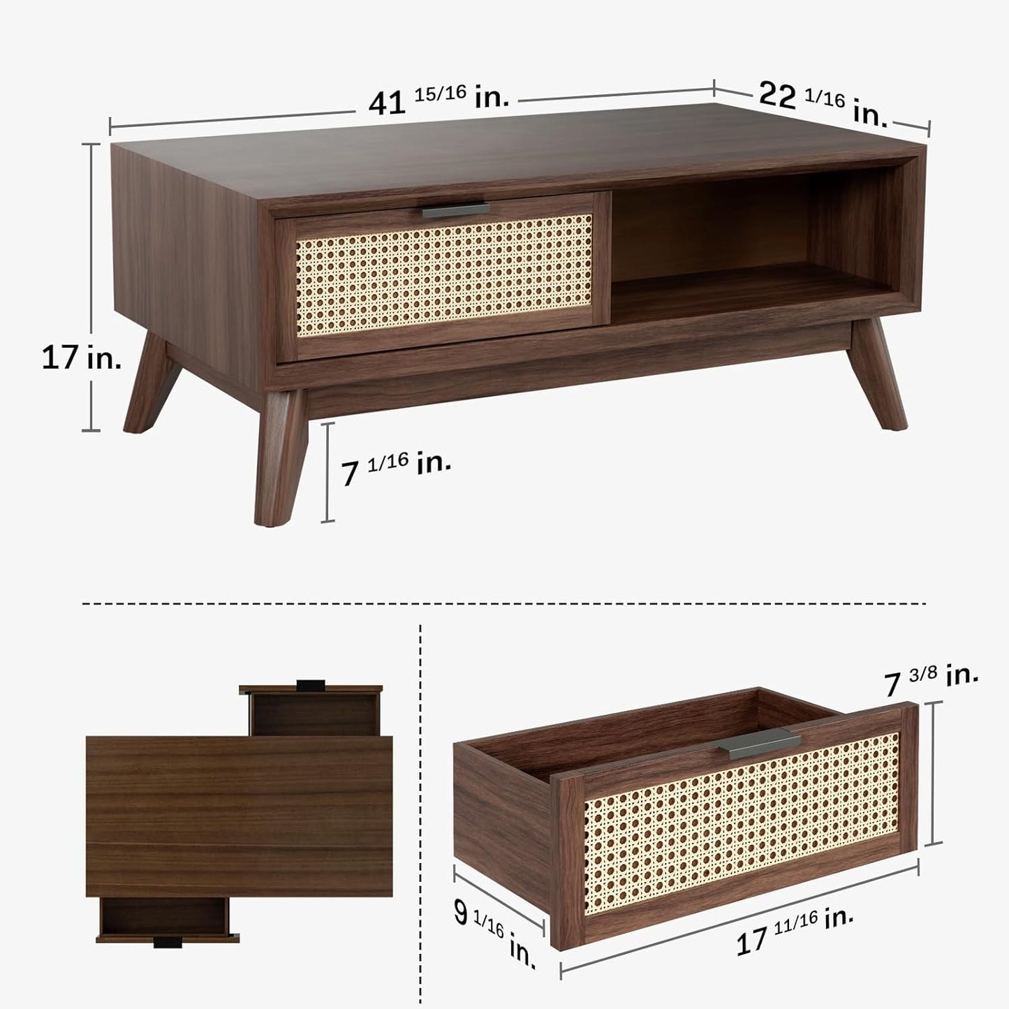 Bme Modern Solid Wood Coffee Table with Storage, Accent Rattan Design, Perfect for Living Room, Walnut, Medium