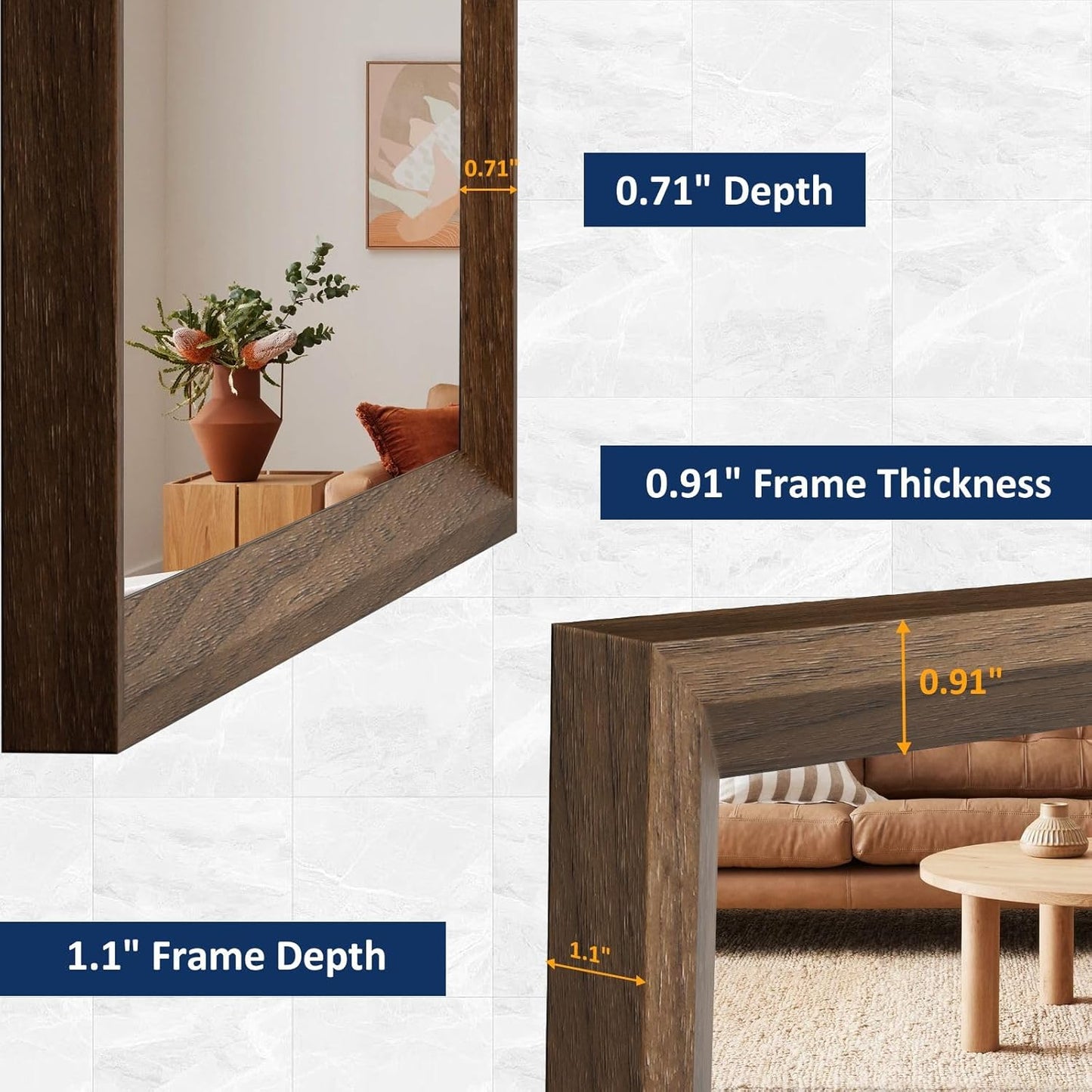 WEER 60X36 Inch Framed Bathroom Mirror, Walnut Rectangular Framed Mirror, Large Wall Mounted Vanity Mirror, Wood Grain Farmhouse Mirror, Tempered Glass, Anti-Rust, Horizontal or Vertical