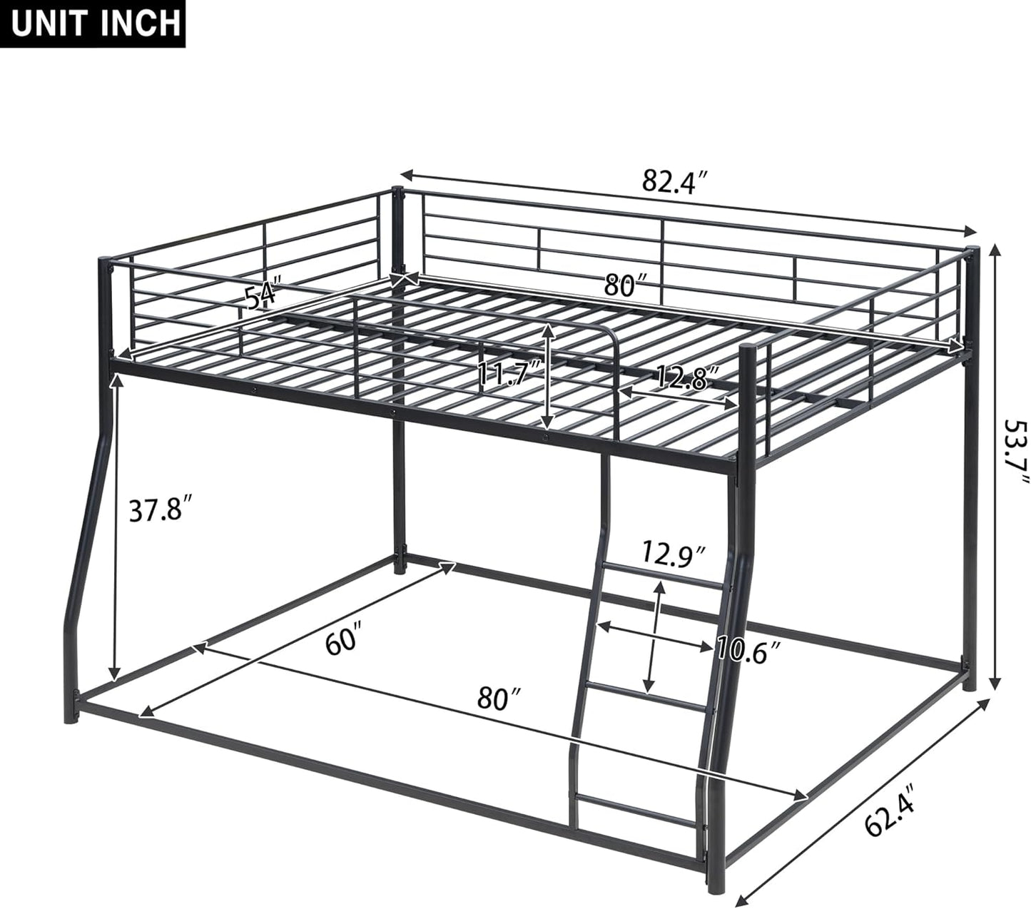 Full XL Over Queen Metal Floor Bunk Bed with Sloping Stairs and Safety Guardrails for Bedroom,Guest Rooms, No Box Spring Needed, Simple to Assemble,Black