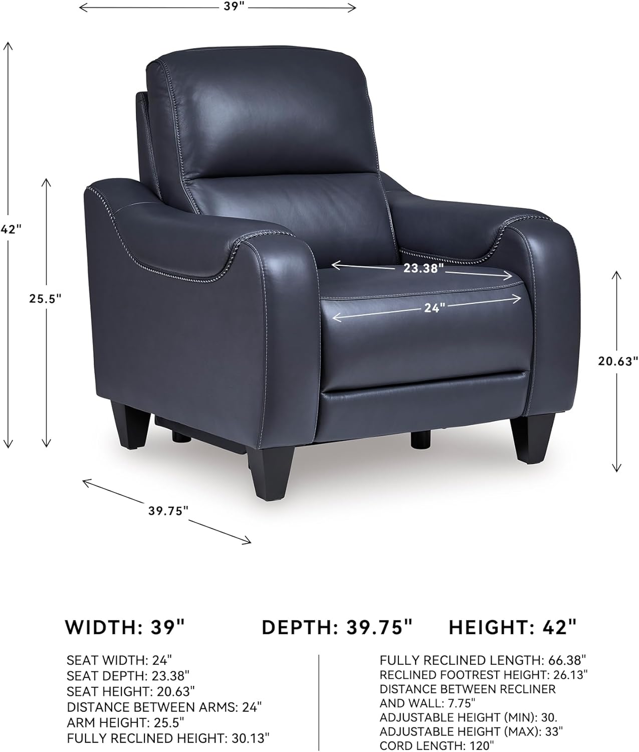 Signature Design by Ashley Mercomatic Contemporary Leather Match Wall Hugger Power Recliner with Adjustable Headrest and USB Ports, Blue
