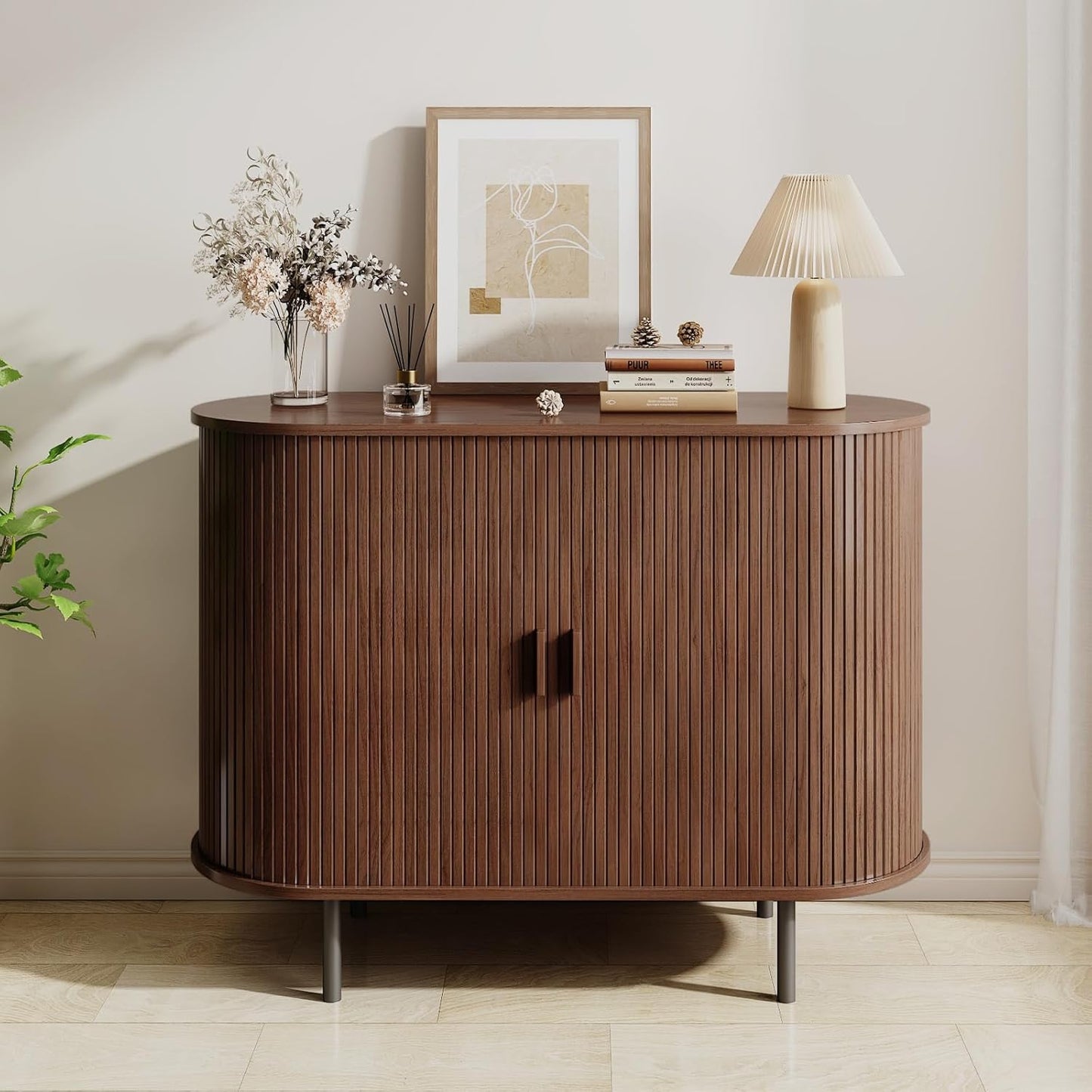 Buffet Sideboard Cabinet with Storage, 40" Fluted Cabinet with Sliding Door & Adjustable Shelf, Modern Accent Coffee Bar Console Table for Kitchen, Entryway, Walnut