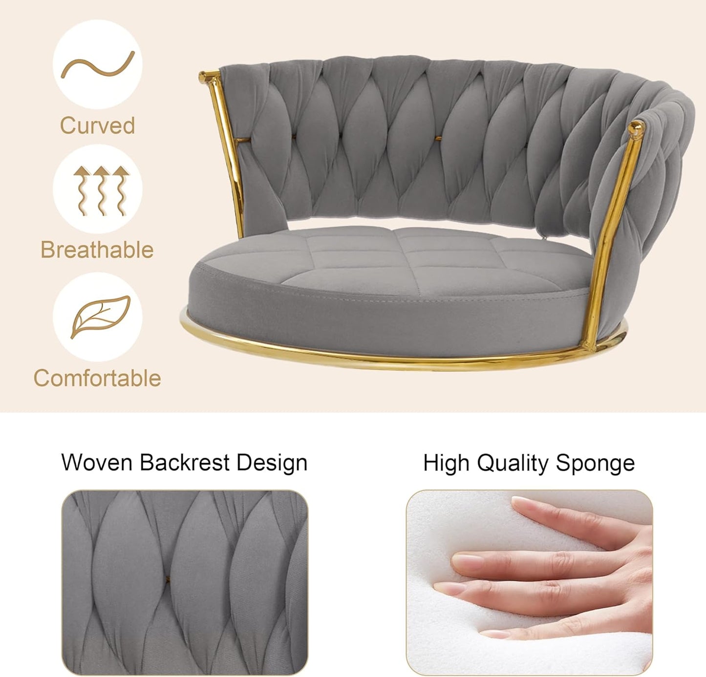 VECELO Bar Stools Set of 2, Adjustable Barstools Counter Height Stools with Back and Arm, Velvet Woven Kitchen Island Stools w/Gold Metal Leg & Base, 360° Swivel Bar Chair, Light Grey