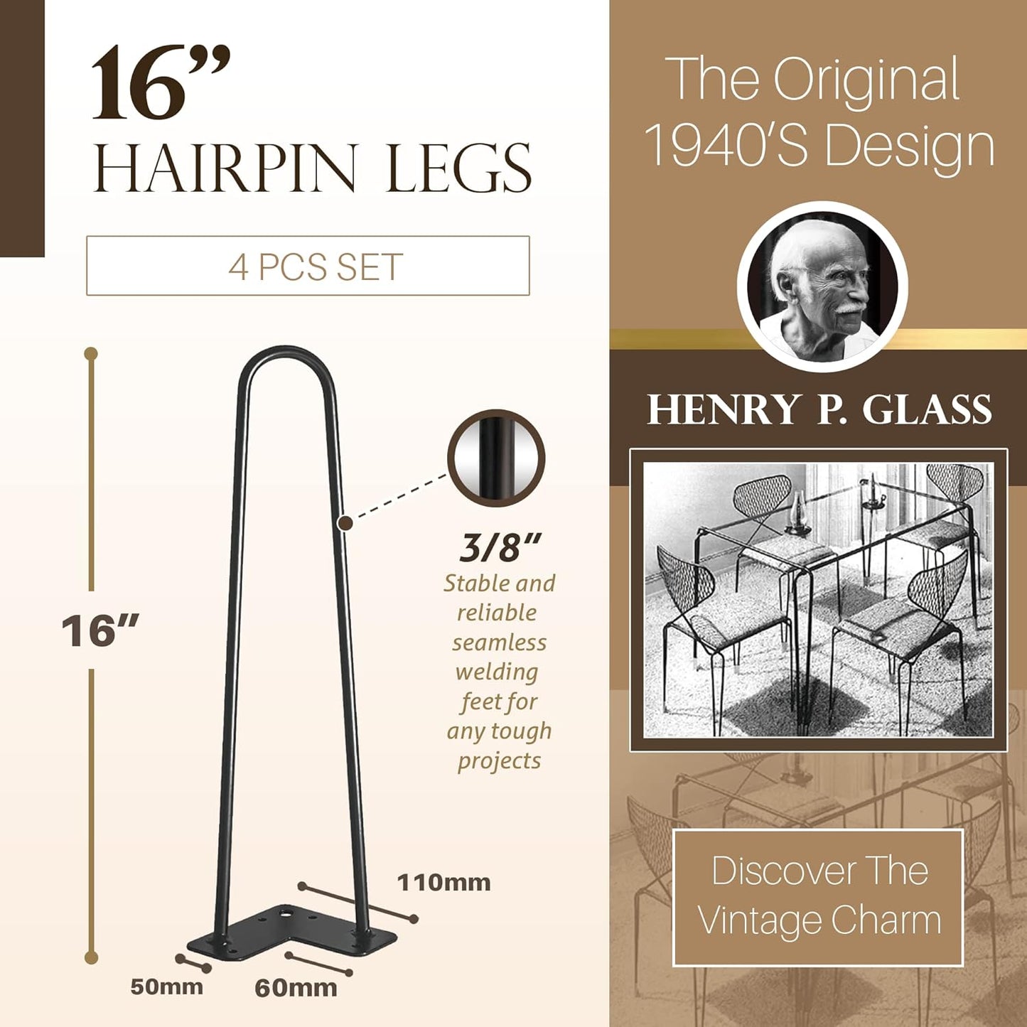 TEN49 Heavy Duty Hairpin Table Legs - 16 Inch Industrial Black Furniture Legs - Solid Rods Metal Legs for Table - Fit for Mid-Century Modern Desk, Bed Side, Dressing Table, Nightstand Legs