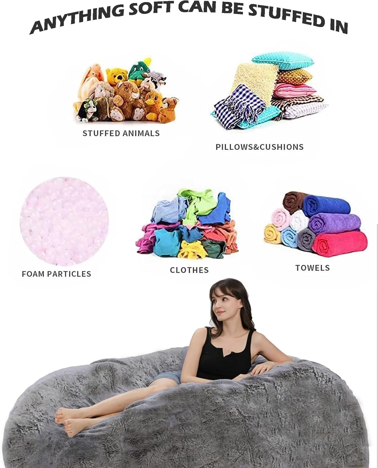 Bean Bag Chair for Adults Kids Without Filling Comfy Oversized Round Lounge Chair Bean Bag for Stuffed Animal Storage Bedroom Living Room Chairs, 5FT, Red Wine