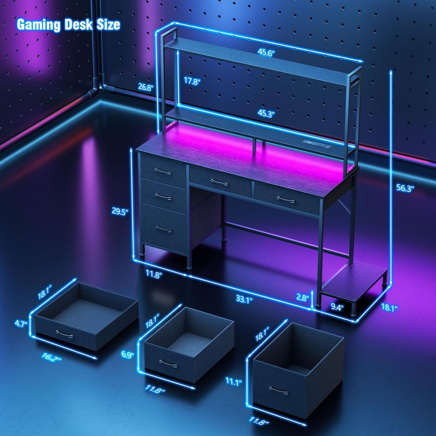 Computer Gaming Desk with Hutch, Home Office Desk with Power Outlets, LED Light, 5 Storage Drawers, 2 Tiers Shelves for Display, 47 Inch Modern Study Writing Table for Bedroom, Black