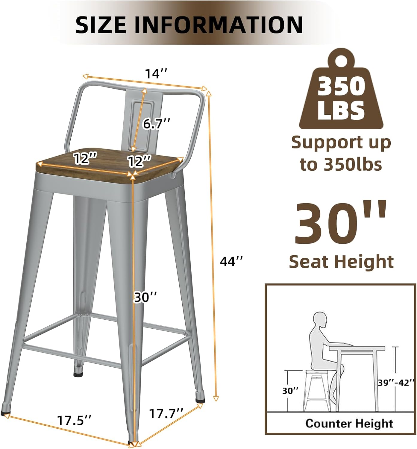 Silver Bar Stools Set of 4, Metal Bar Stools with Wooden Seat, Modern 30”Counter Height Barstools with Low Back