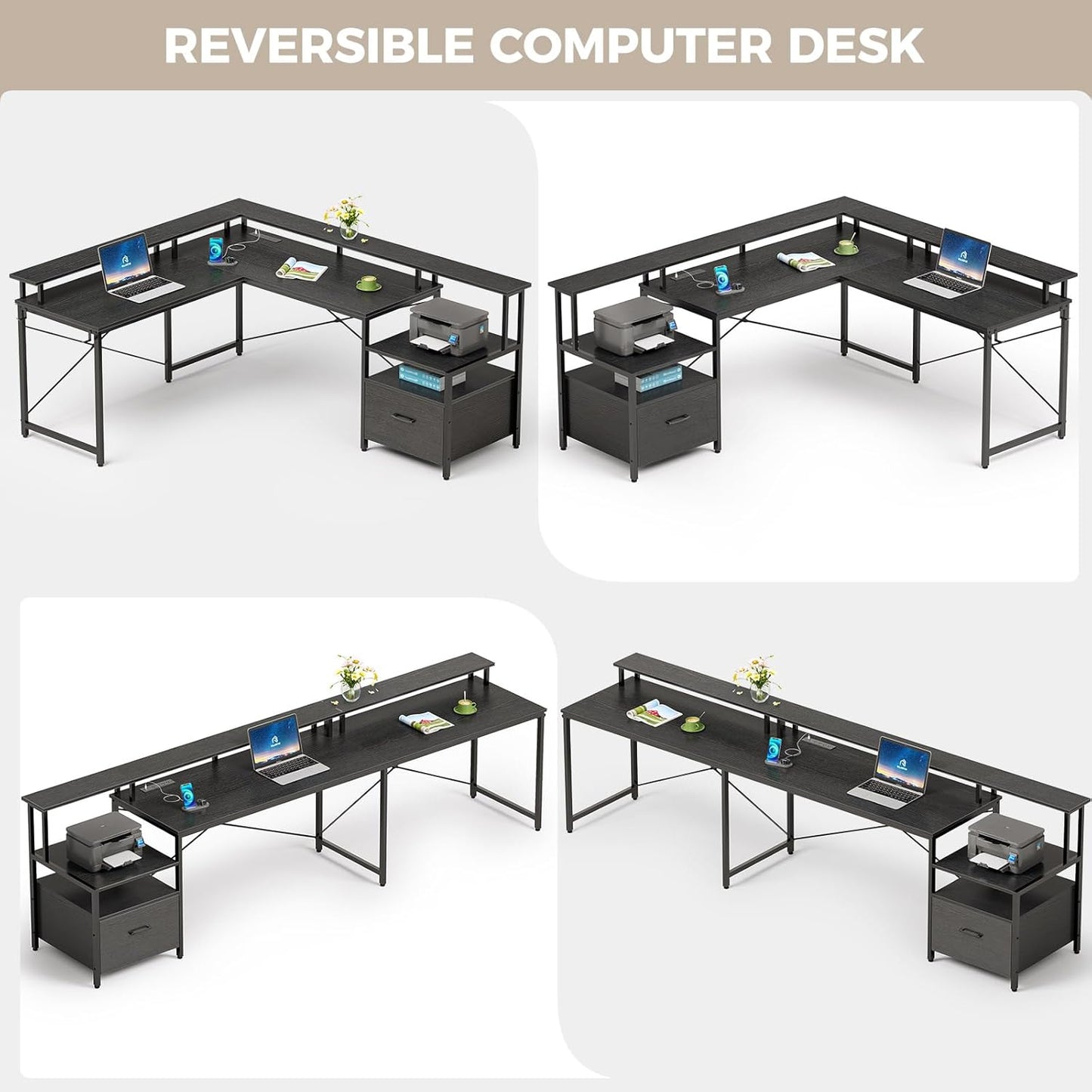 Rolanstar L Shaped Gaming Desk with Drawers, 64" Reversible Computer Desk with Power Outlet & LED Strip, Corner Desk with File Cabinet & Monitor Stand, Home Office Desk, Black