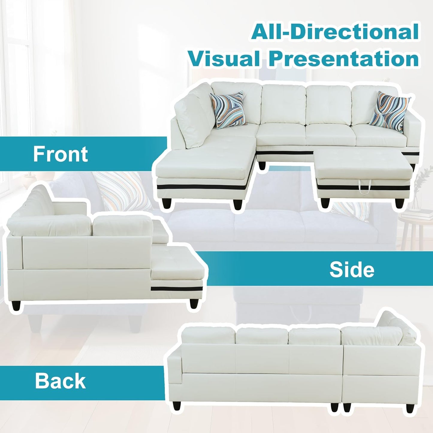 L Shaped Couch PU Leather Sectional Couch Upholstered 3 Pieces Sofas for Living Room with Chaise, Storage Ottoman for Office and Small Apartment, Black and White