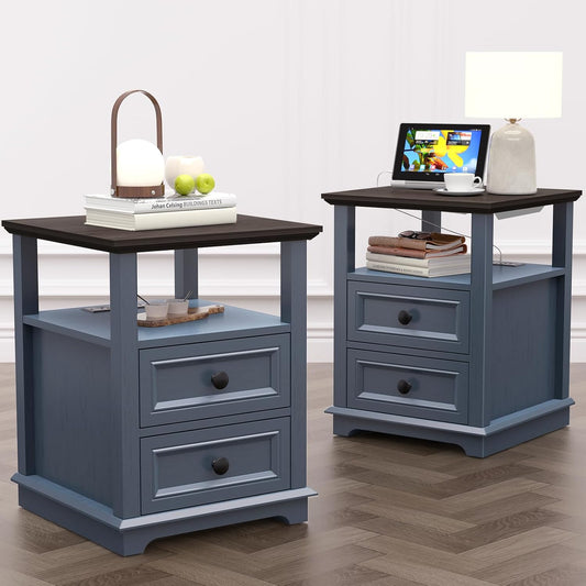 18" Wide End Table with Fast Charging Station Set of 2, 18” Wide Sofa Side Table with Drawers,End Table with Drawers for Living Room,Blue