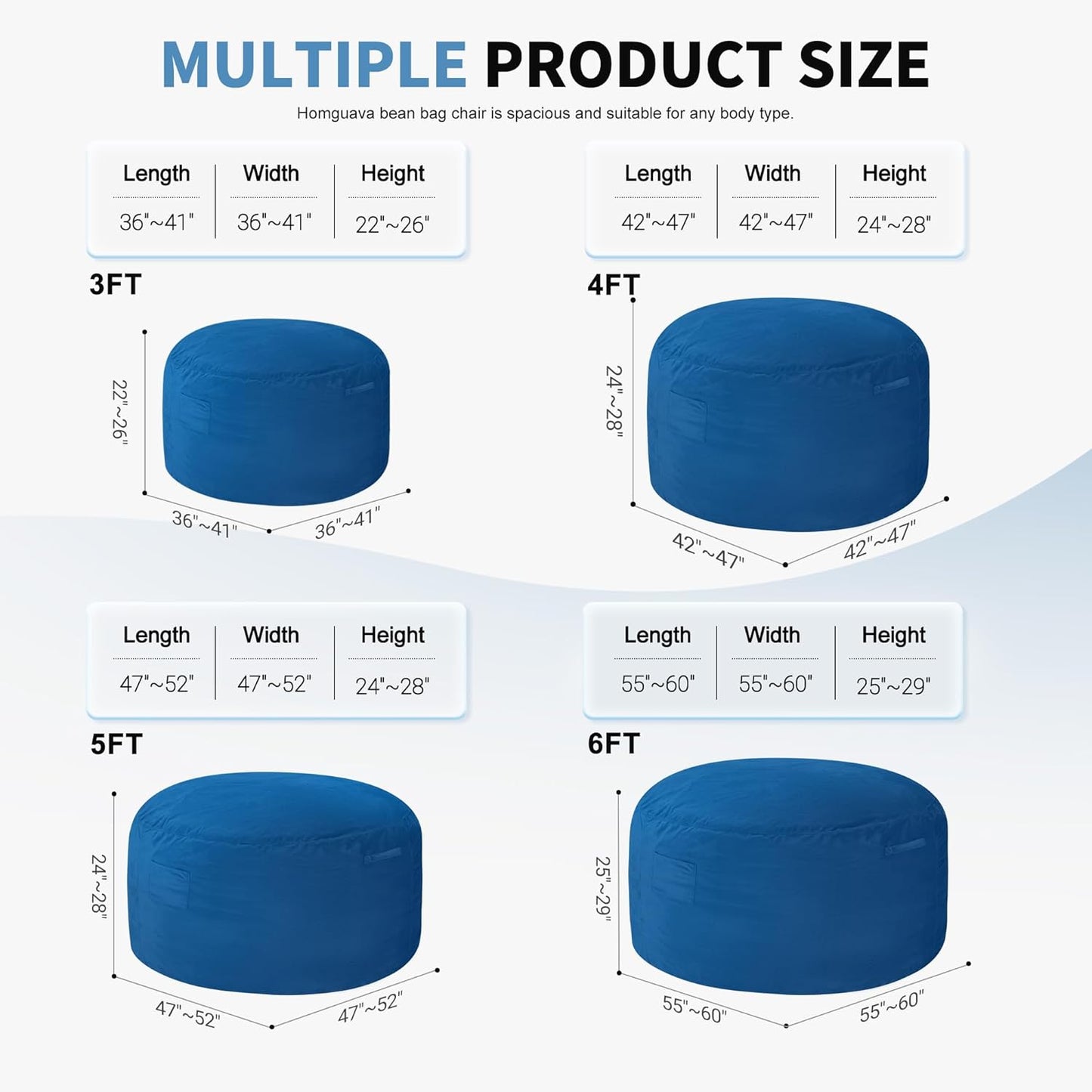 Homguava 4 FT Bean Bag Chair: 4' Bean Bags with Memory Foam Filled, Large Beanbag Chairs Soft Sofa with Dutch Velvet Cover-Blue