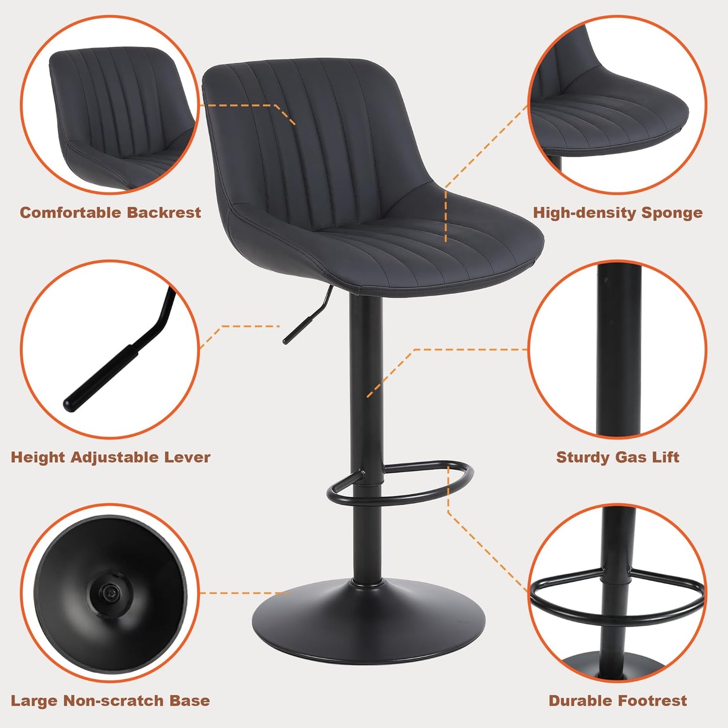 Bar Stools Set of 3, Swivel Counter Height Barstools with Back, Adjustable PU Leather Bar Chairs, Modern Armless Kitchen Island Stool, Black