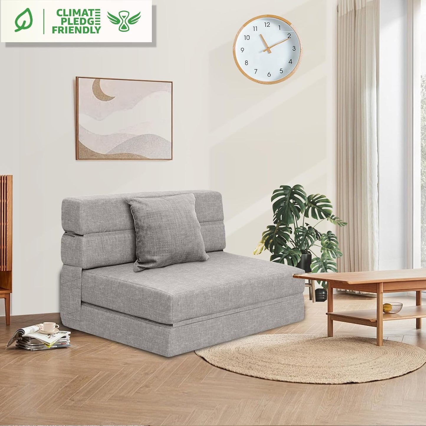 ANONER Folding Sleeper Chair Sofa Bed Lazy Couch with Pillow, Twin Size, Light Gray