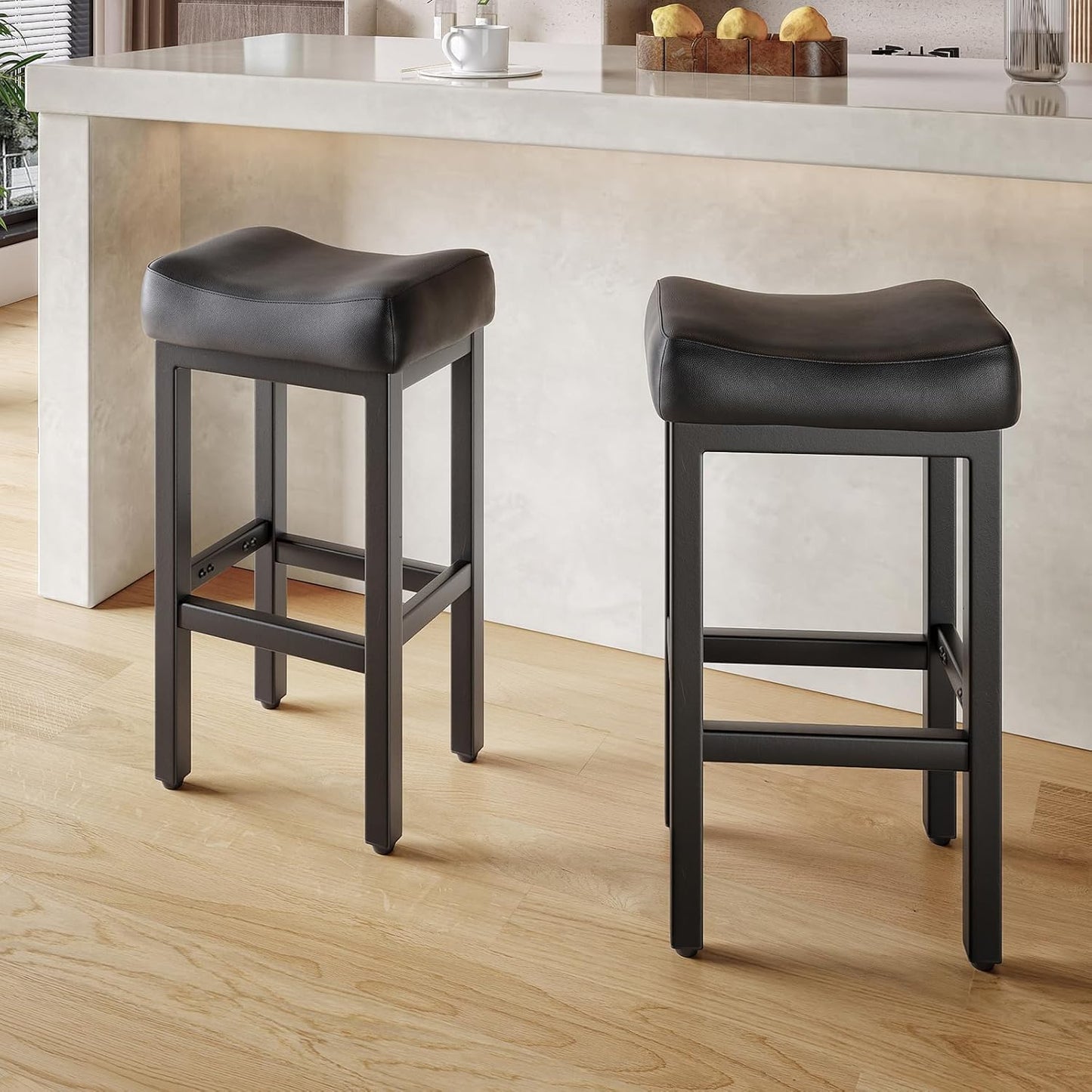 29 Inch Bar Height Bar Stools Set of 2, 29" Barstools for Kitchen Island Counter, Backless Bonded Leather Bar Height Stools with Thick Saddle Seats & Heavy Duty Metal Base, Easy Assembly, All Black