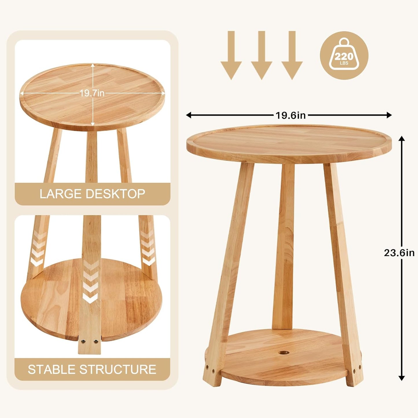 Uniclinens Round End Table, Solid Wood Round Side Coffee Table, Small Bedside Nightstand for Living Room Bedroom, Natural