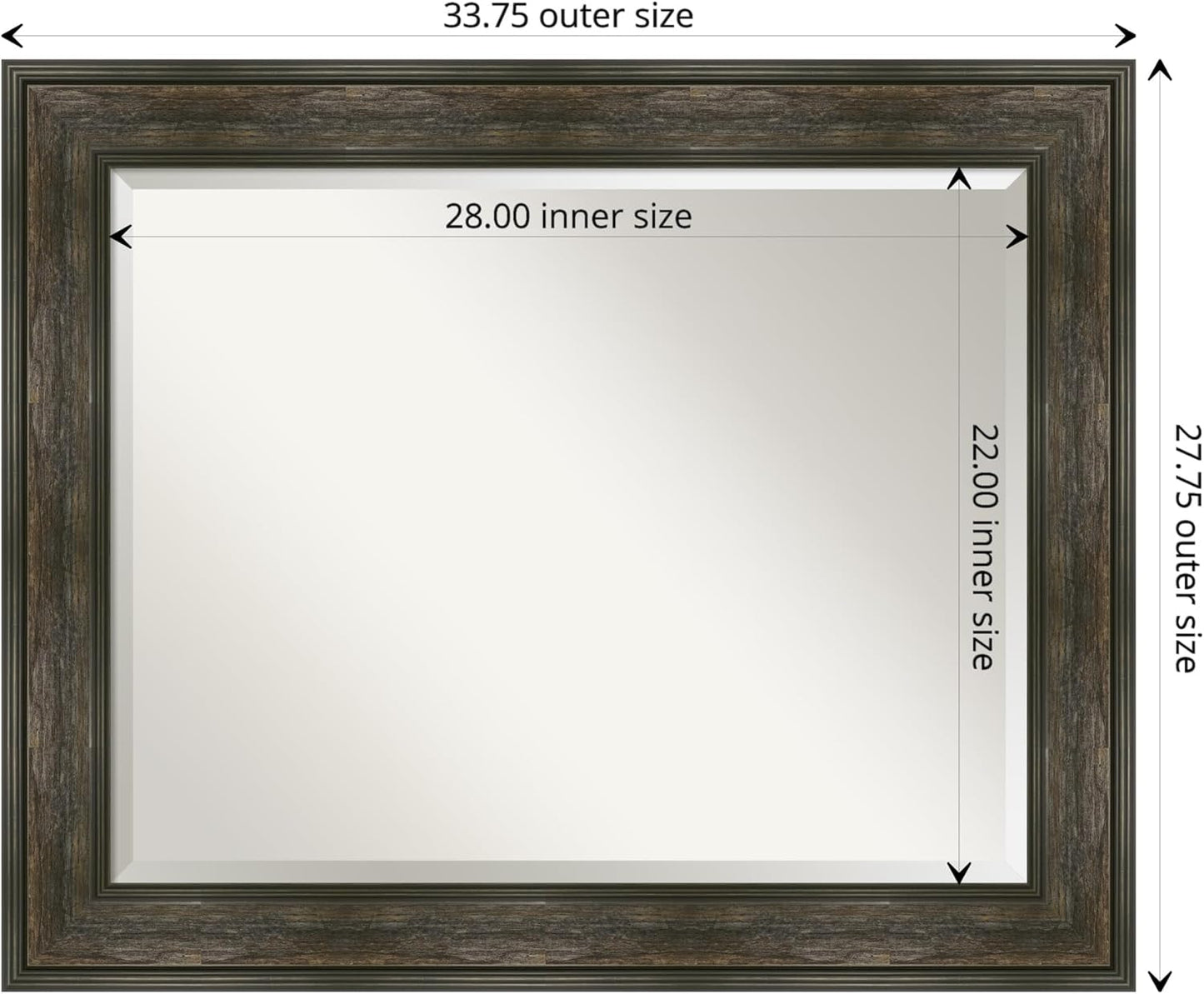 Amanti Art Brown Wall Mirror 28x34 Rail Rustic Char Rectangle Bathroom Mirror for Wall Decor Living Room, Large Rustic Farmhouse Frame, Hangs Horizonally and Vertically, Bathroom Decor, Beveled Edge