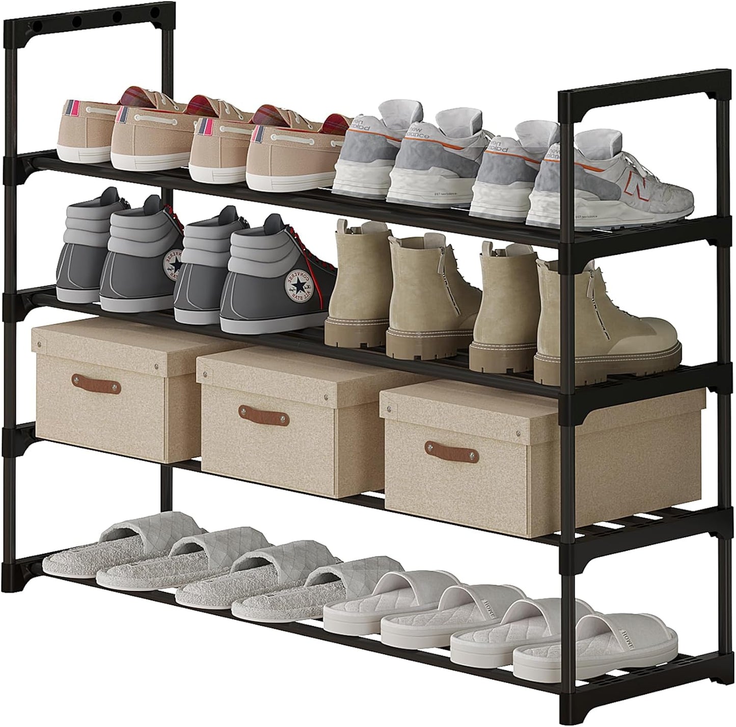 Calmootey 4-Tier Shoe Rack, Tall Large Capacity 20 Pairs Shoes Storage Organizer, Stackable Wide Shoe Shelf for Entryway, Hallway, Black