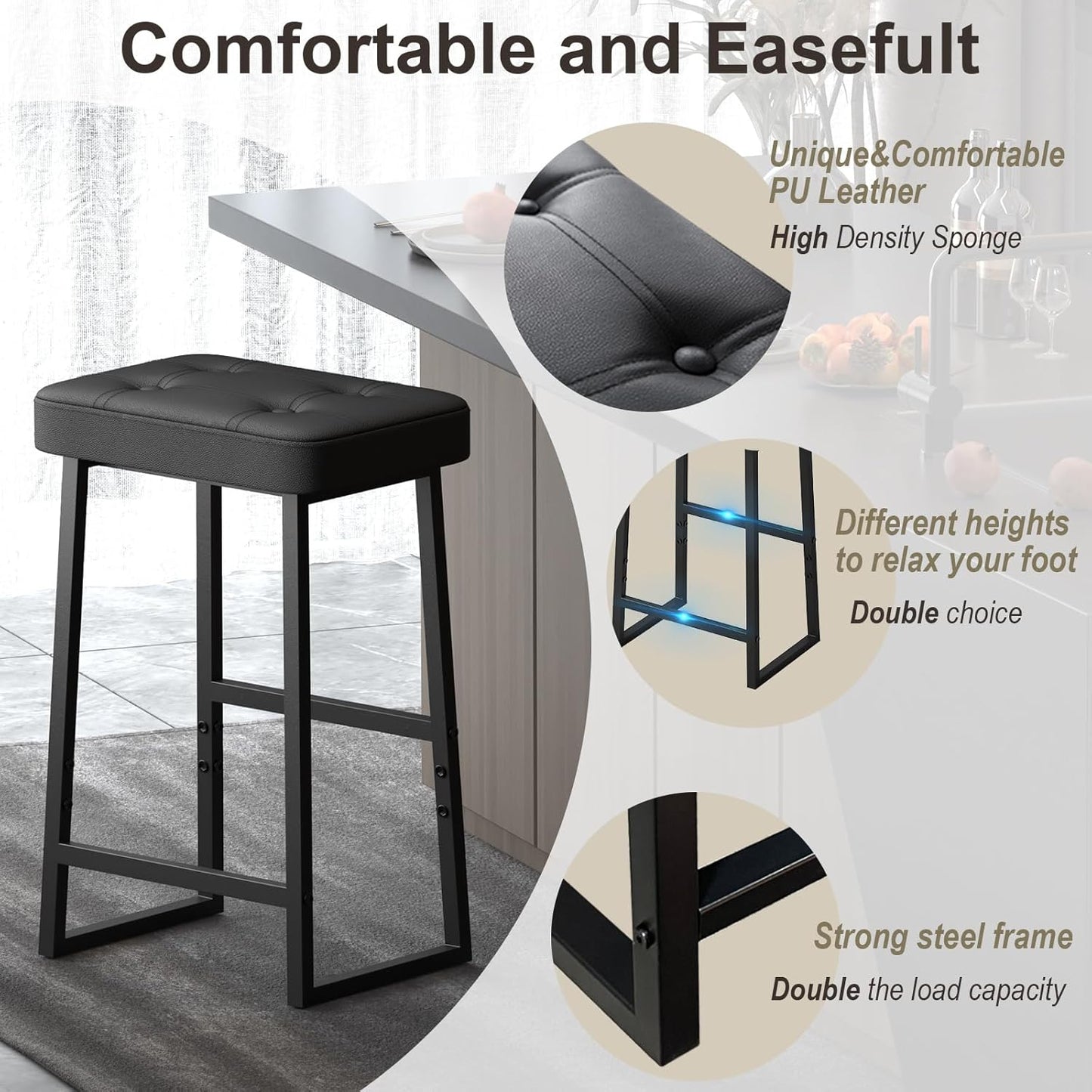 Bar Stool, Kitchen Island Chairs,Counter Height Bar Stools, Modern Synthetic Leather with Stitching, 26 inches high, for Kitchen/Family Restaurant/Dining Room/Farmhouse, Black