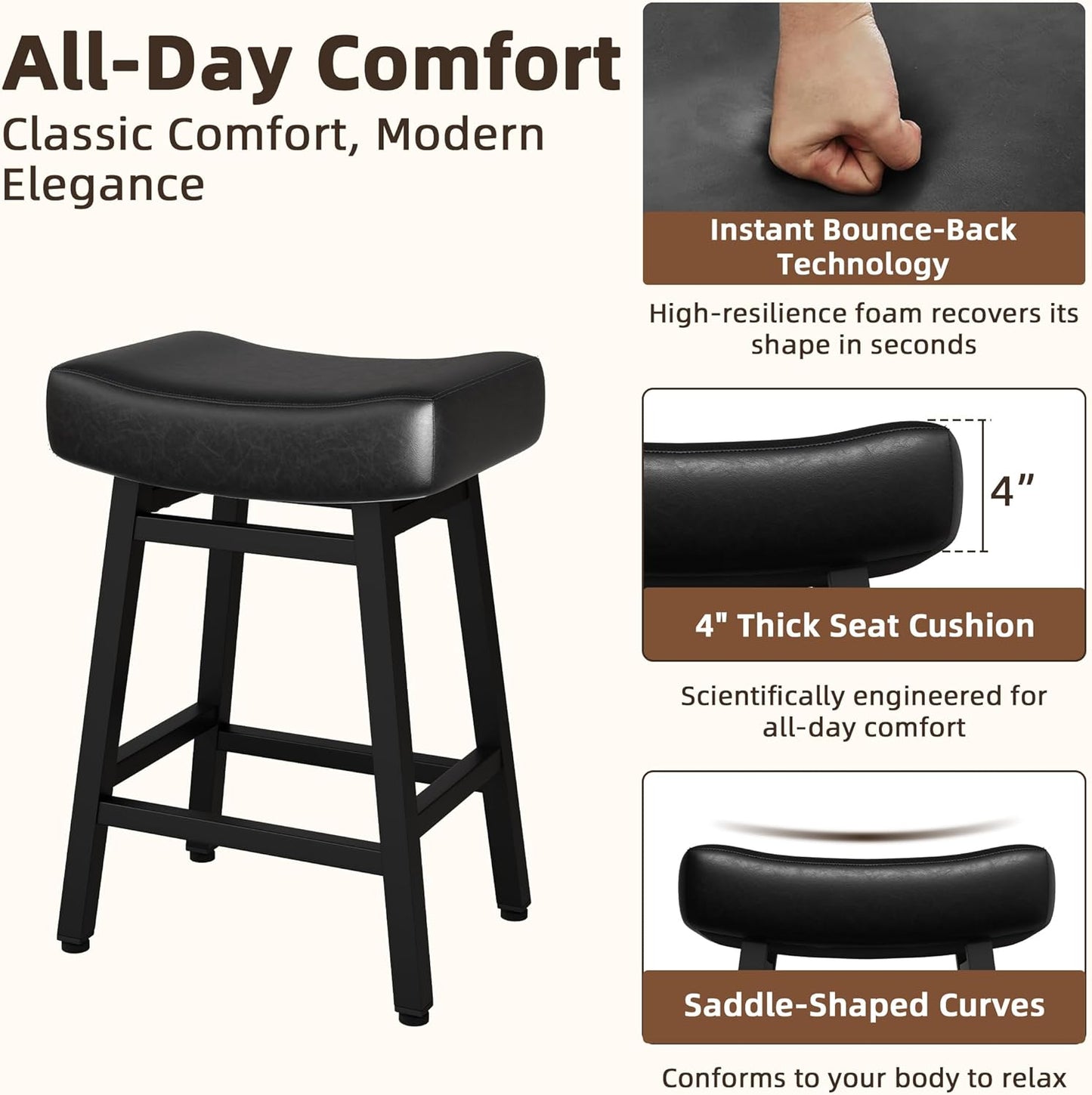 Counter Height Bar Stools Set of 3, 24 Inch Backless BarStools for Kitchen Island Leather Saddle Bar Chairs Kitchen Stools with 4" Thick Seats & Heavy Duty Metal Base, Black