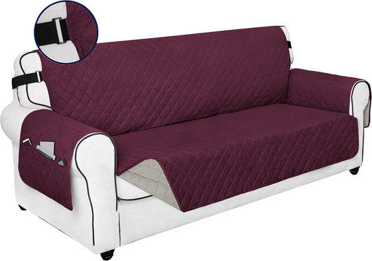 PureFit Reversible Sofa Couch Cover Water Resistant Couch Covers for 3 Cushion, Washable Furniture Cover with Non-Slip Foam and Adjustable Strap for Dogs, Pets (Oversized Sofa, Wine/Beige)