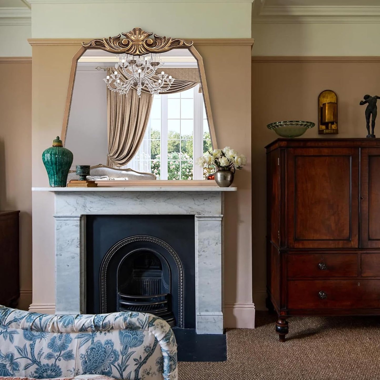 POZINO Gold Arch Mirror, 30"x35" Antique Mirror with Ornate Crown Molding, Vintage Decorative Mirrors for Bathroom Bedroom Entryway Fireplace Living Room