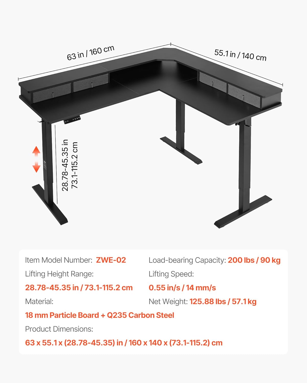 VEVOR 63'' Electric L Shaped Standing Desk, 3 Memory Height, 2-Tier Corner Table with 4 Drawers Storage, 2 Hooks & Cable Hole, Heavy Duty Carbon Steel Sit Stand Computer Workstation, Easy to Assemble