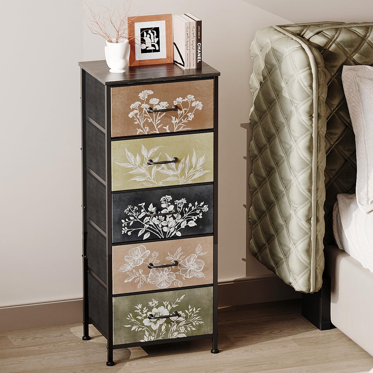 Tohomeor Vintage Dresser Vertical Nightstand with Neutral Botanical Plant Fabric Chest Drawers for Closet Bathroom Storage Tower Unit Bed Side Organizer Farmhouse Rustic (Multi, 5 Drawers)