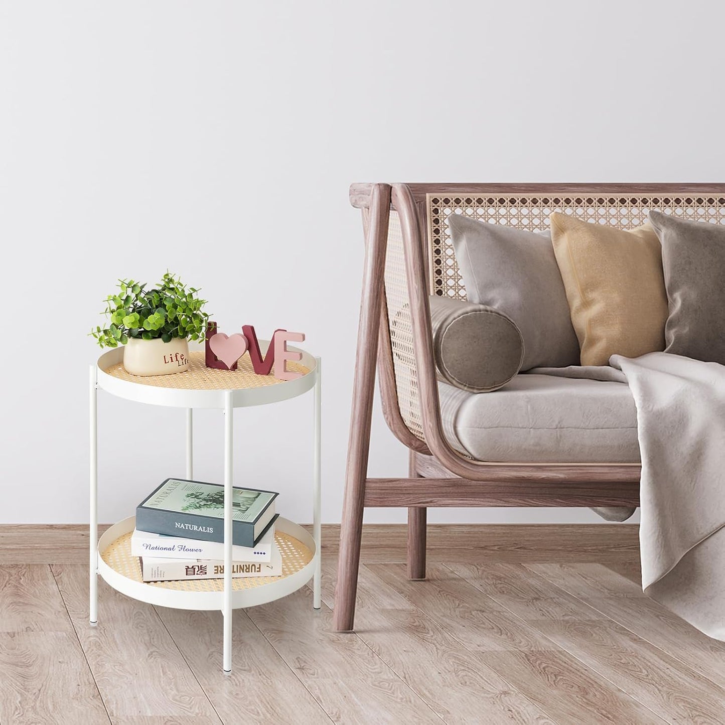 danpinera All Metal Side Table, 2 Tier Anti Rust Small Table with Imitation Rattan Pattern on Removable Trays for Living Room, White Round Nightstand for Bedroom, 20.47 Inch x 16.54 Inch Pearl White