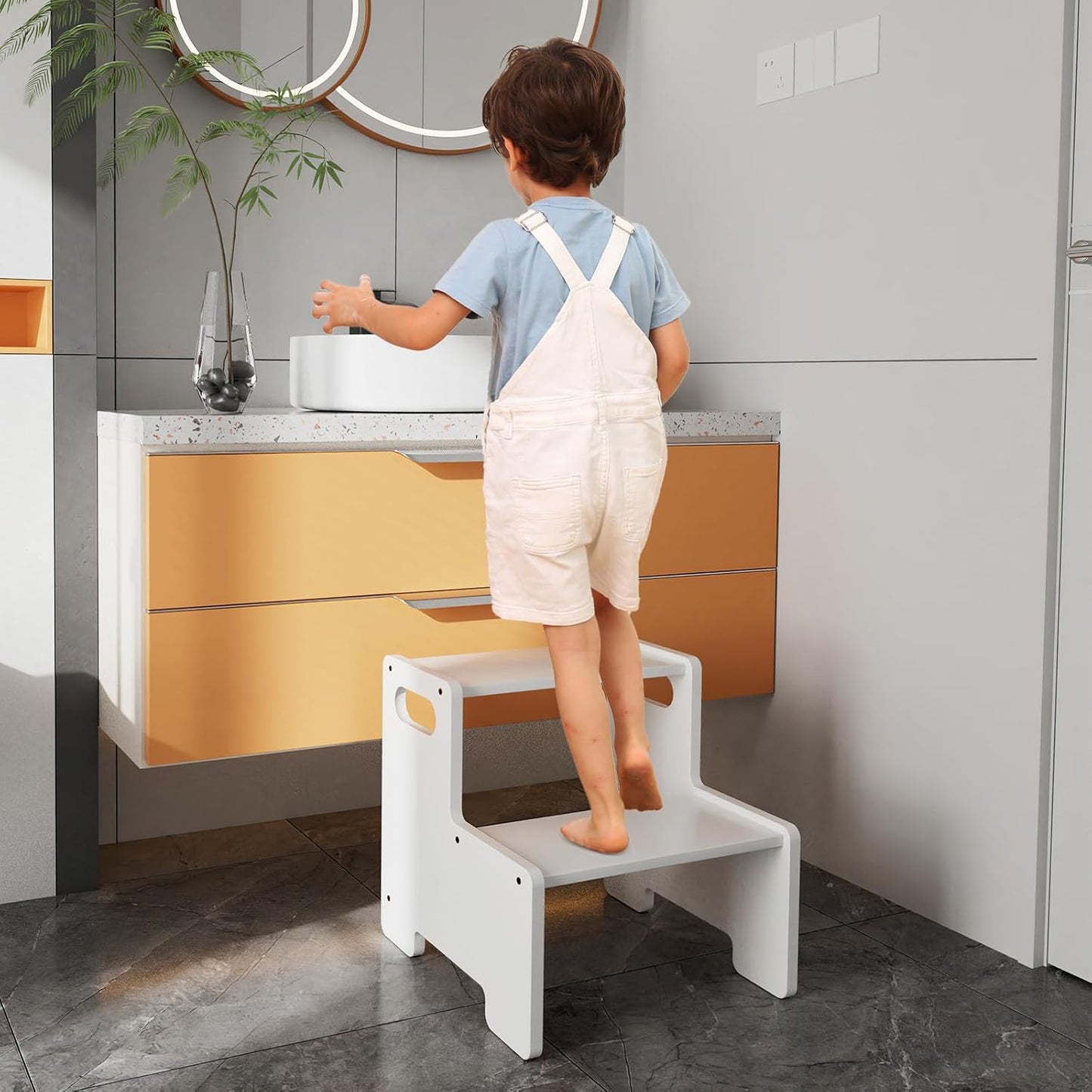 Wooden Step Stool,Two Stepping Stool for Kids/Adults,Supports 300 lbs Toddler Foot Stool,Toilet/Kitchen/Bed Step Stool,White 1 Pack