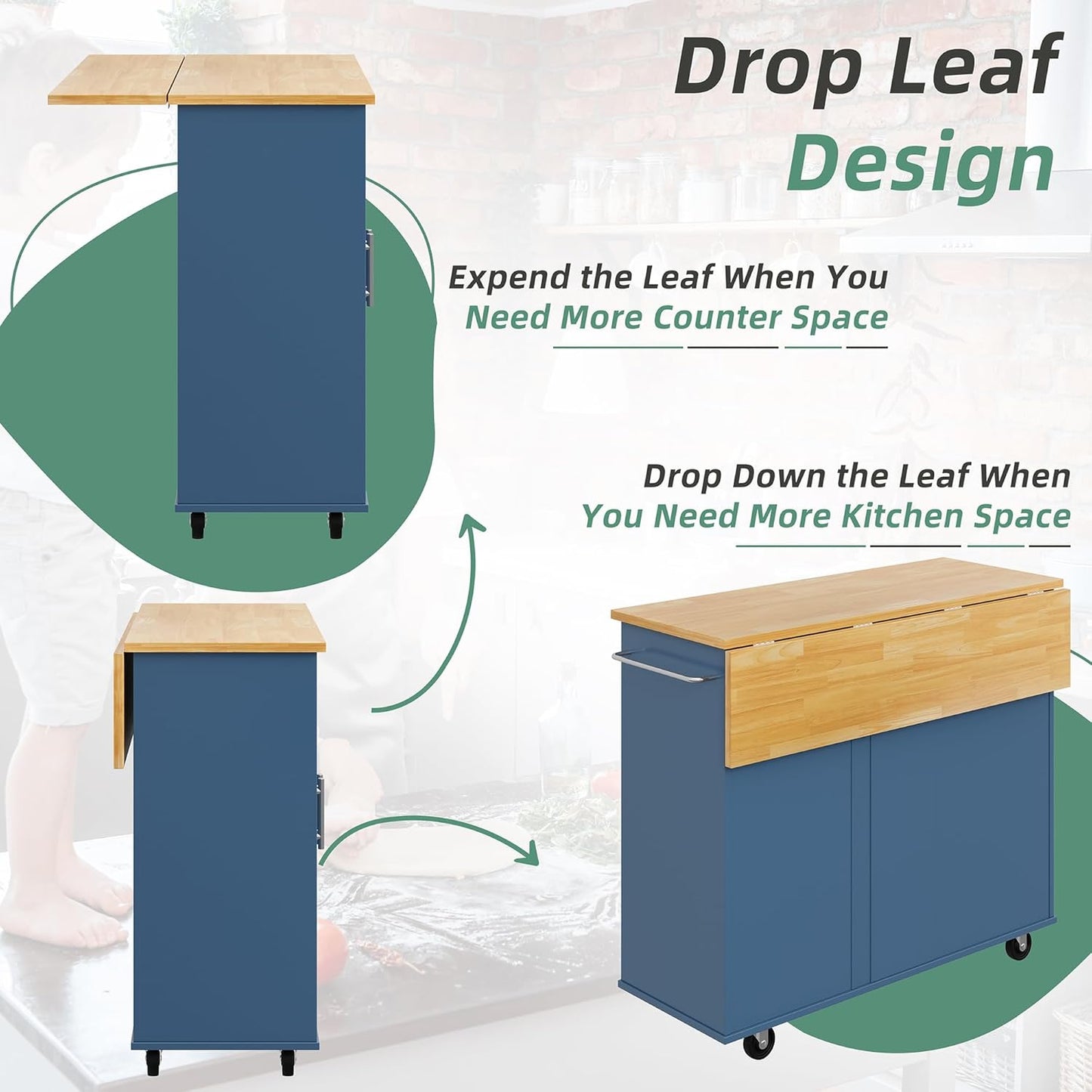 Shintenchi Rolling Kitchen Island Cart with Folding Drop Leaf Breakfast Bar, Portable Trolley Island with Large Storage Cabinet, Shelf and Drawer, Blue