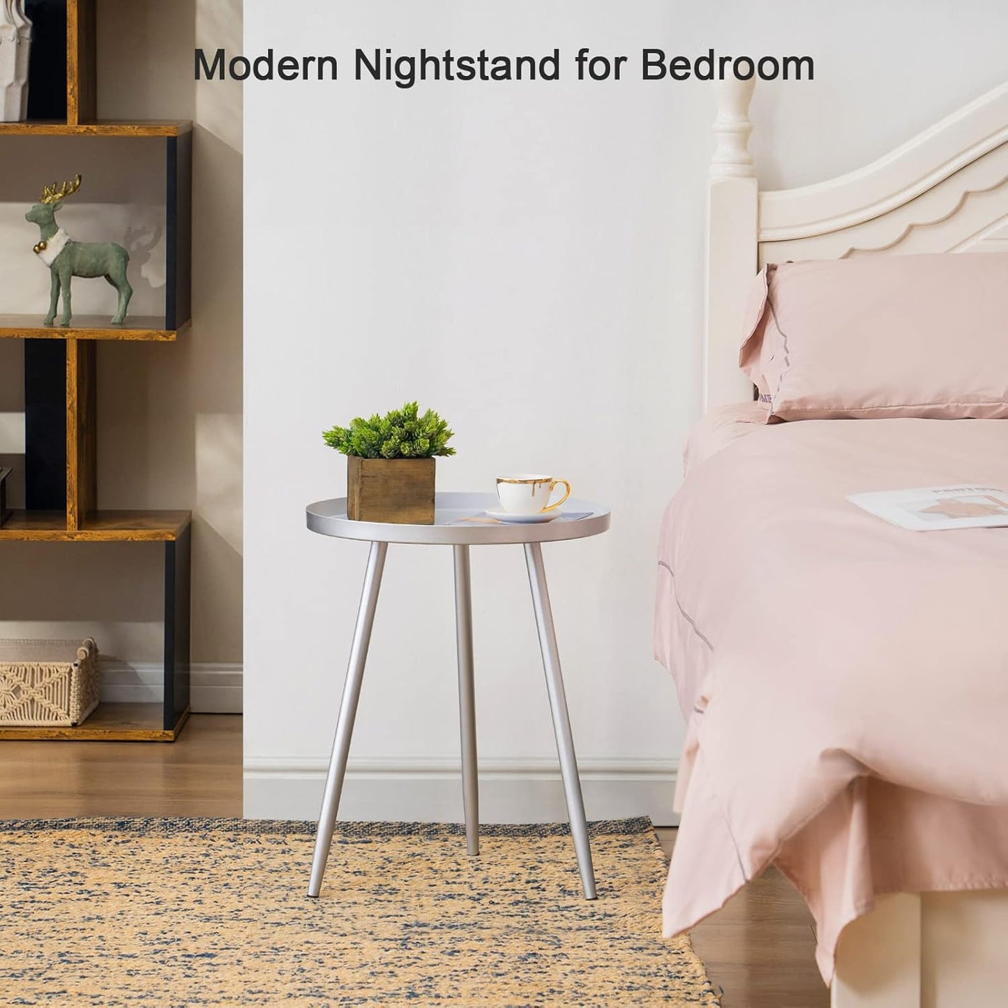 Apicizon 16" Round Side Table Set of 2, Silver Metal End Table for Living Room, Bedside, Mid Century Modern Coffee Table or Circle Accent Table for Small Spaces, Silver and White