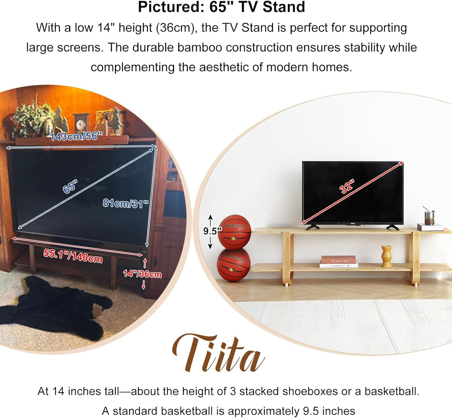 Tiita Bamboo TV Stand for 55 Inch TV, Entertainment Center with 2 Open Shelf, Mid Century Modern Media Console for Living Room, Bedroom, Wood