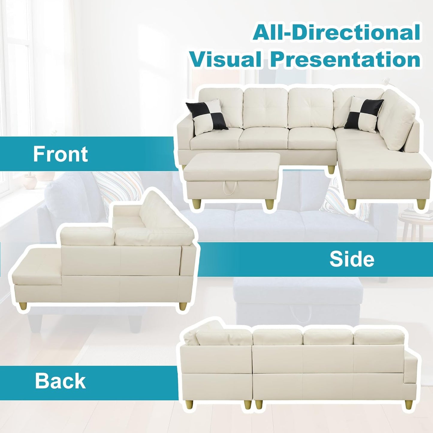Couches for Living Room Faux Leather L Shaped Couch Comfy 3 Pieces Sectional Sofa with Chaise, Ottoman with Storage for Office and Small Apartment, White