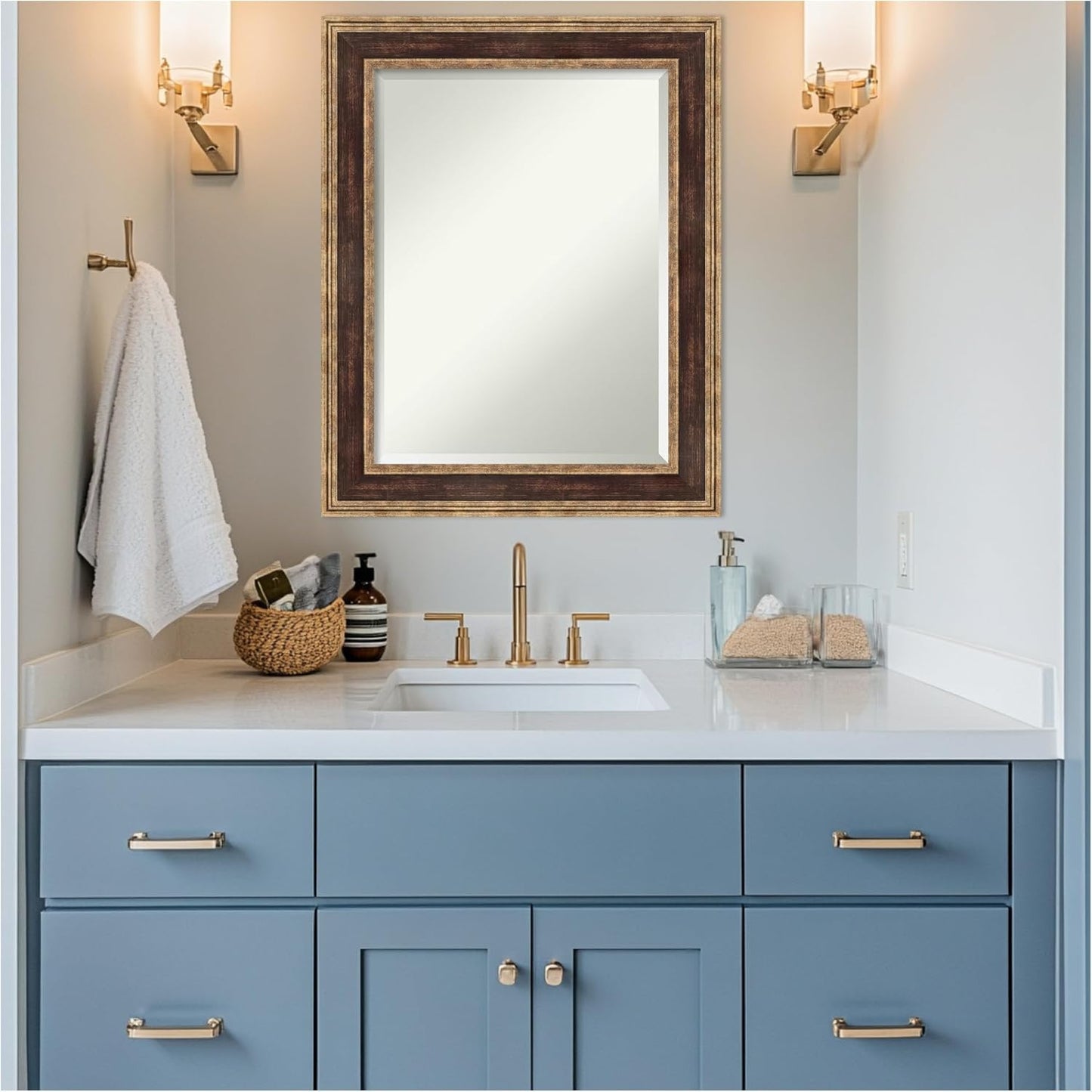 Amanti Art Bronze Bathroom Mirror for Over Sink, 30x24 Ridge Light Bronze Rectangle Vanity Mirror, Medium Traditional Frame, Hangs Horizonally and Vertically, Bathroom Wall Decor, Beveled Edge